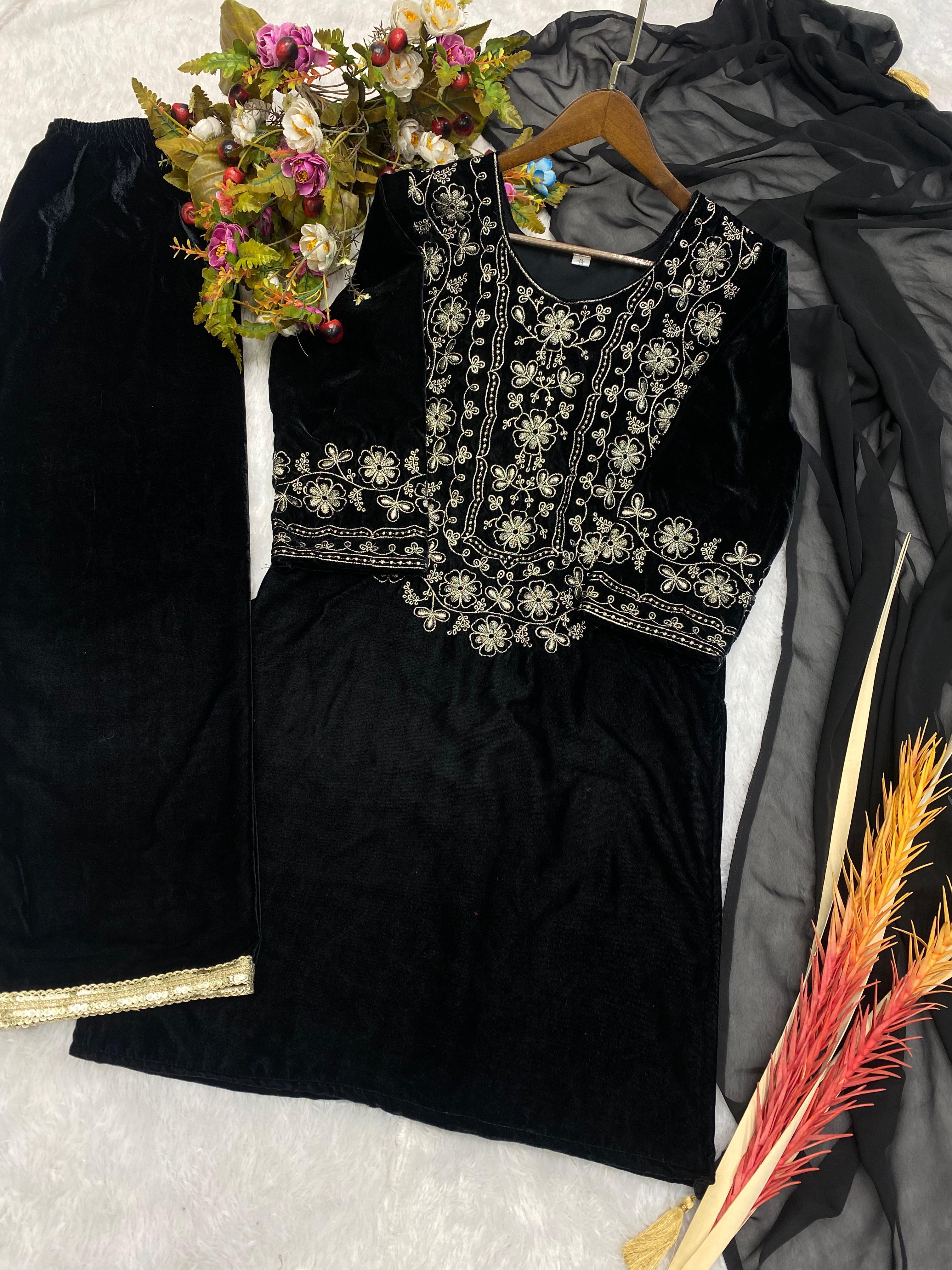 Captivating Black Color Velvet Thread Work Salwar Suit