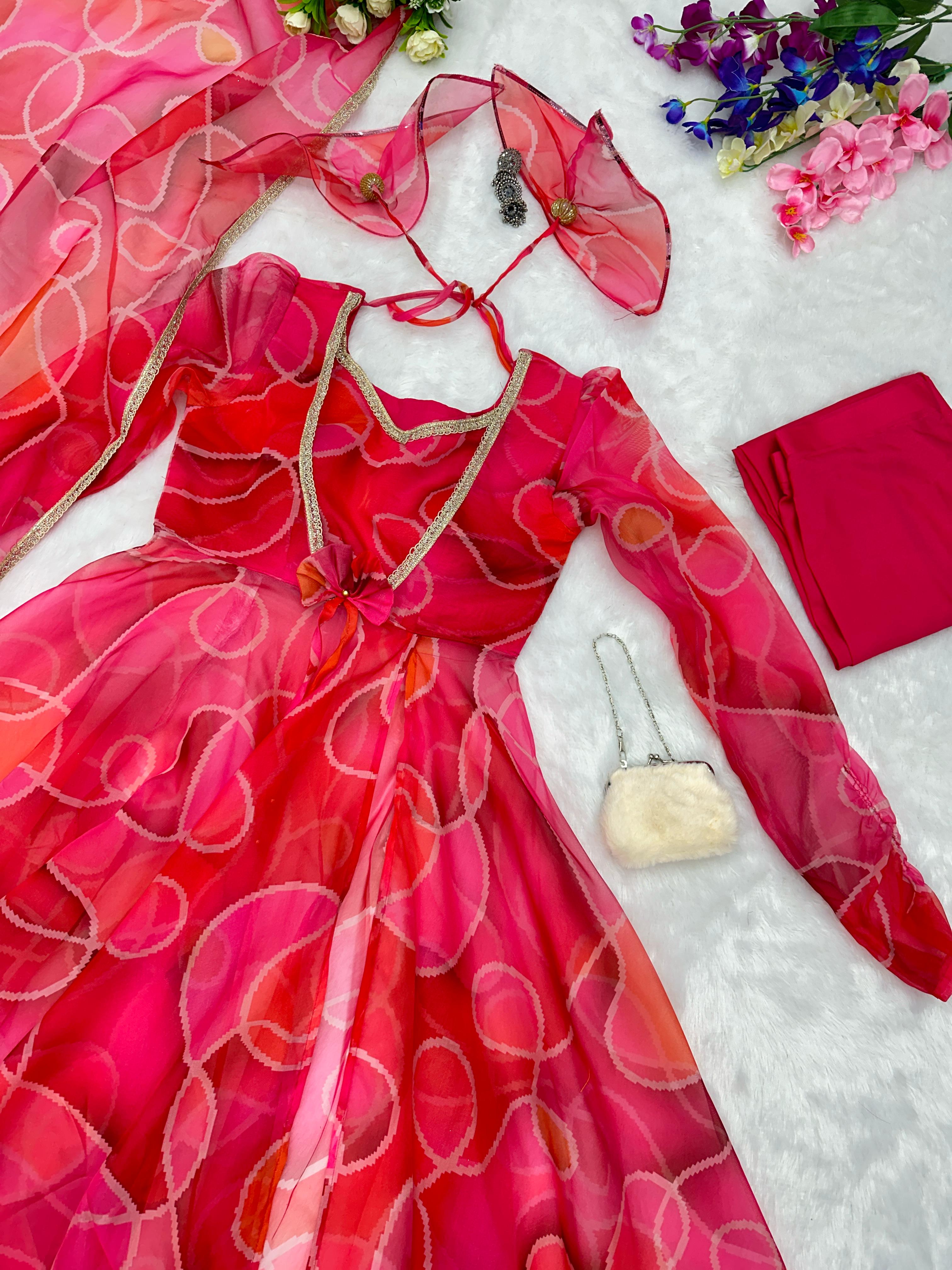 Amazing Multi Color Print Organza Silk Anarkali Suit