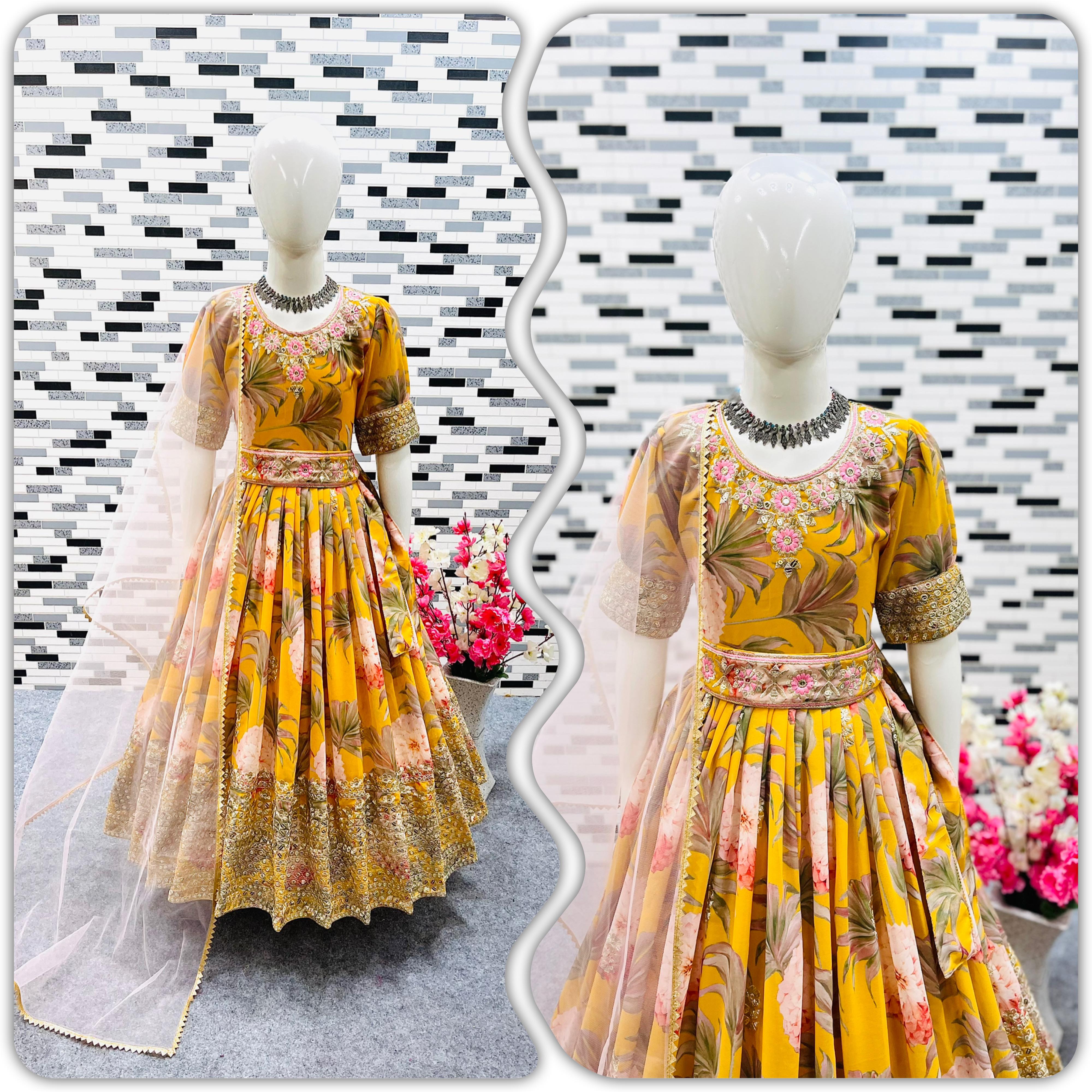 Digital Print With Work Yellow Color Baby Girl Gown