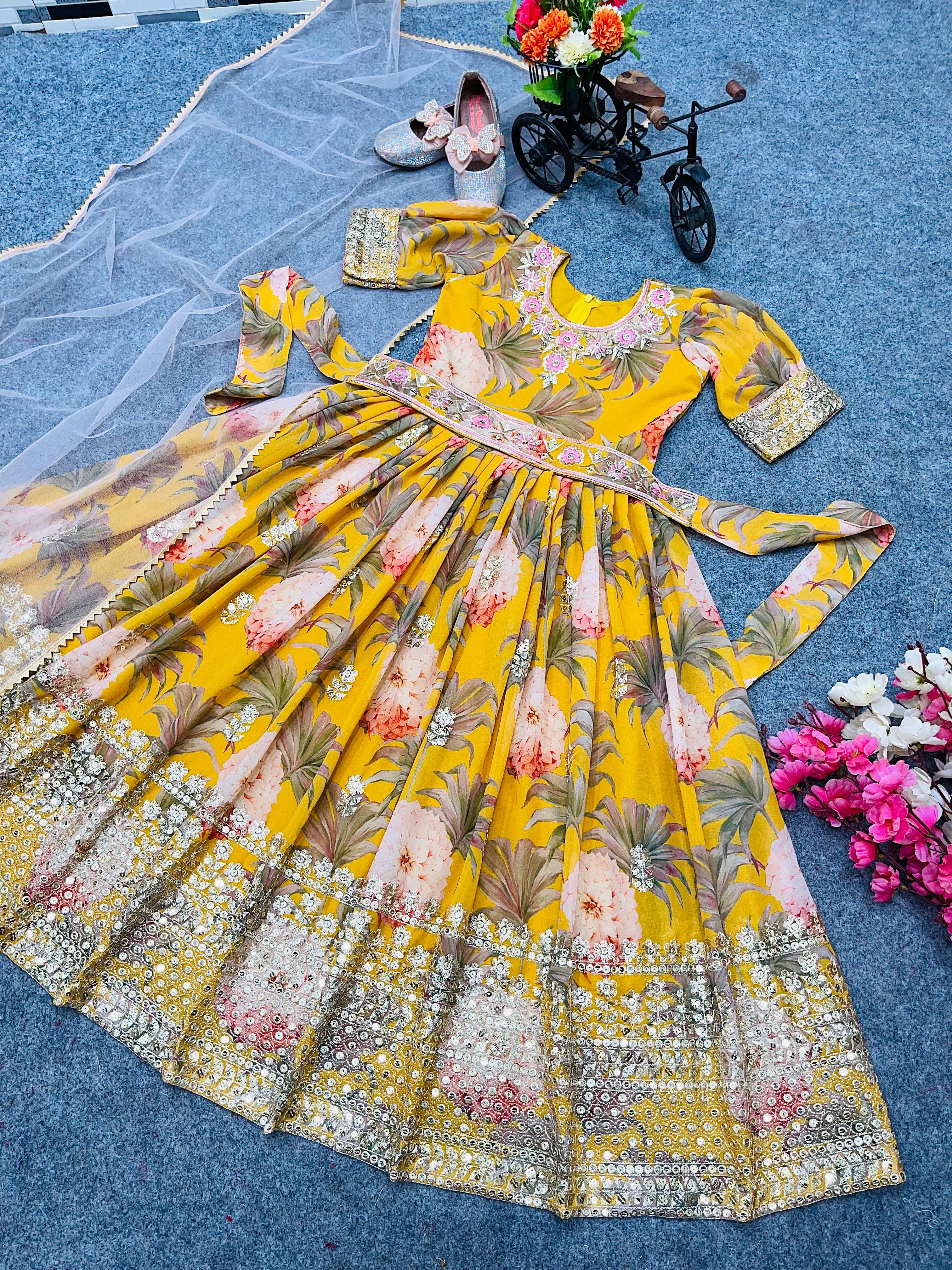 Digital Print With Work Yellow Color Baby Girl Gown