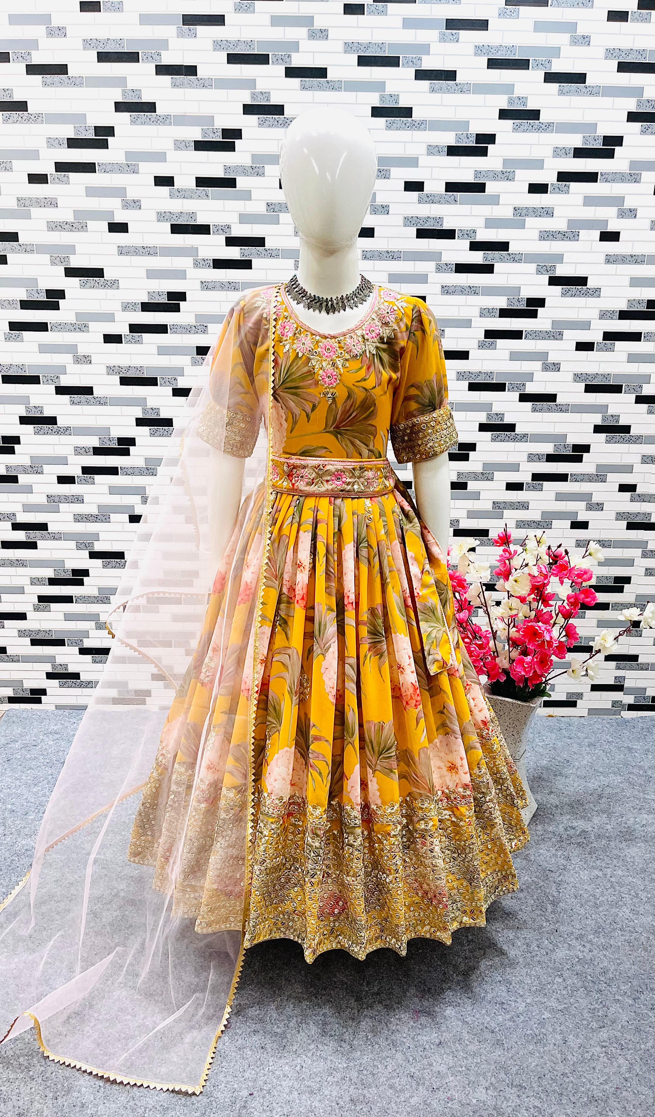 Digital Print With Work Yellow Color Baby Girl Gown