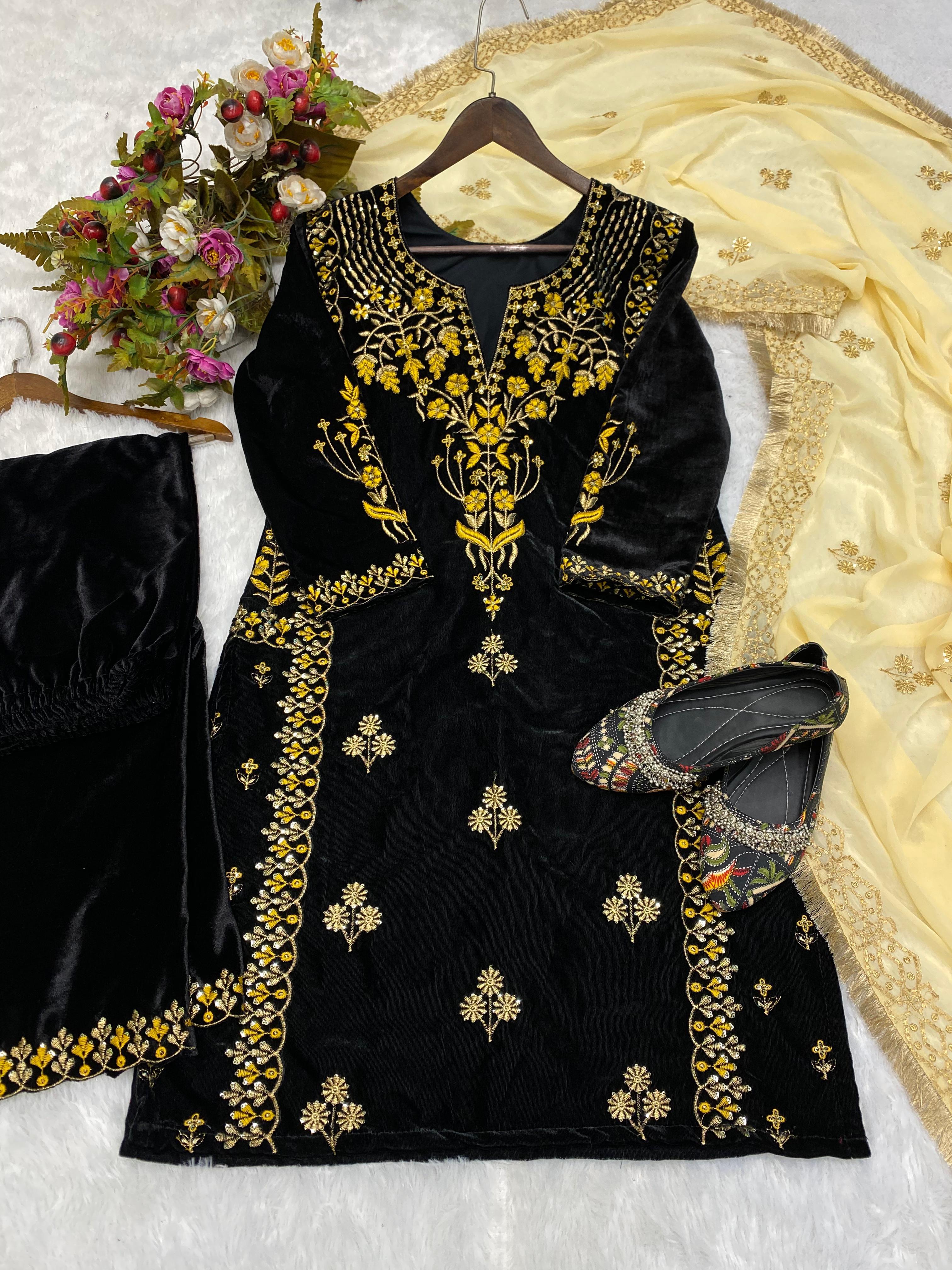 Wonderful Embroidery Work Black Velvet Salwar Suit