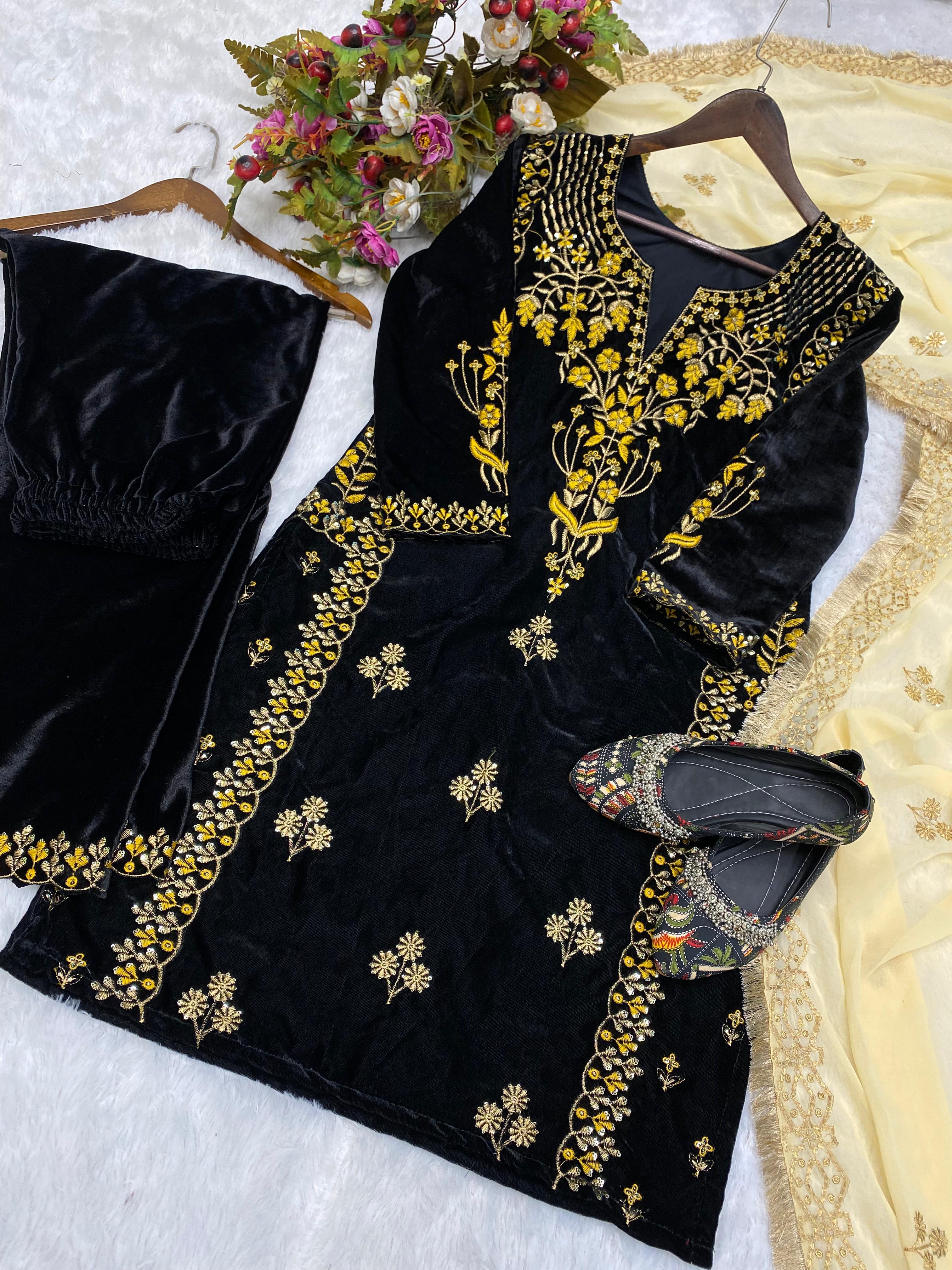 Wonderful Embroidery Work Black Velvet Salwar Suit