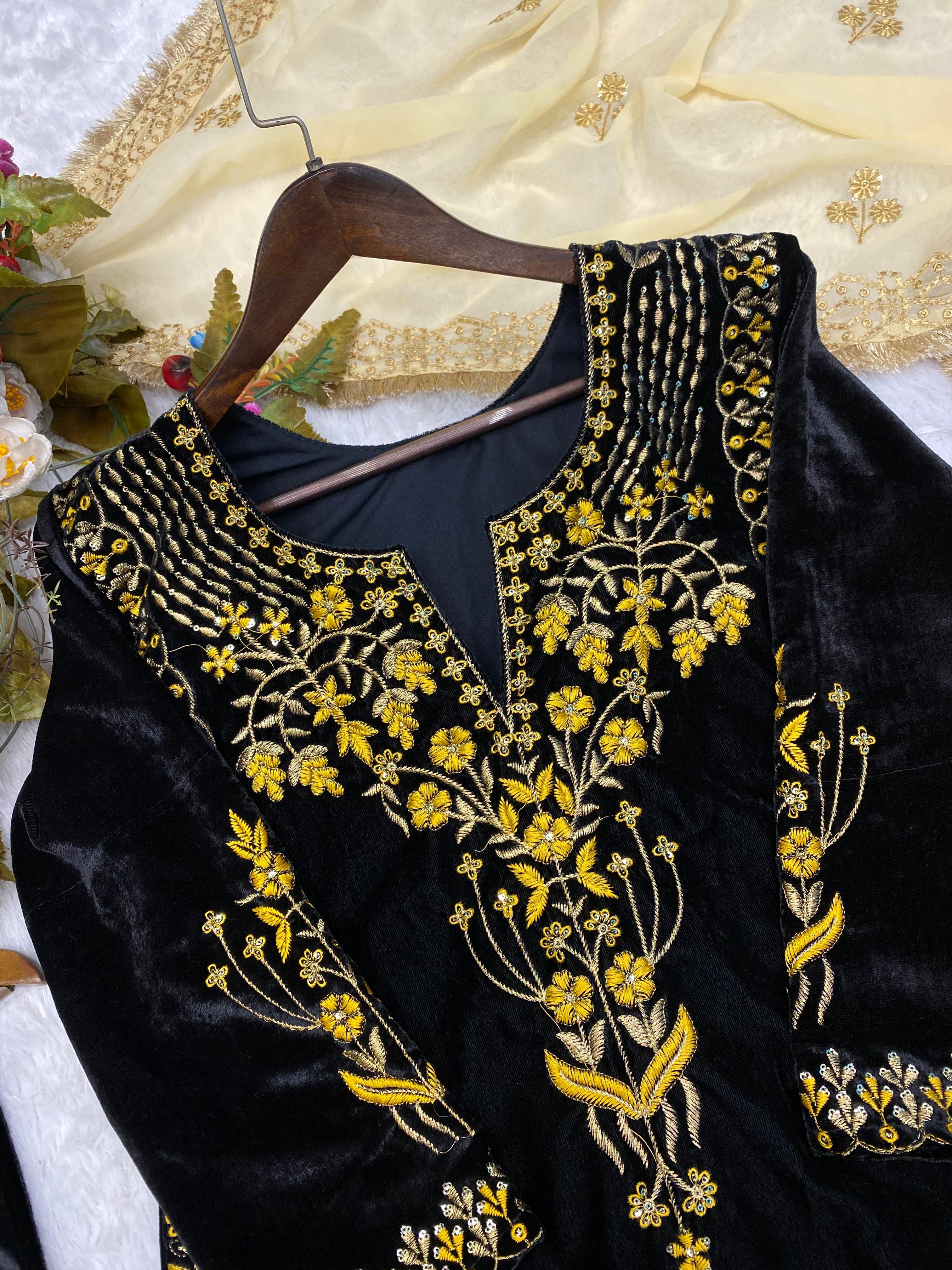 Wonderful Embroidery Work Black Velvet Salwar Suit