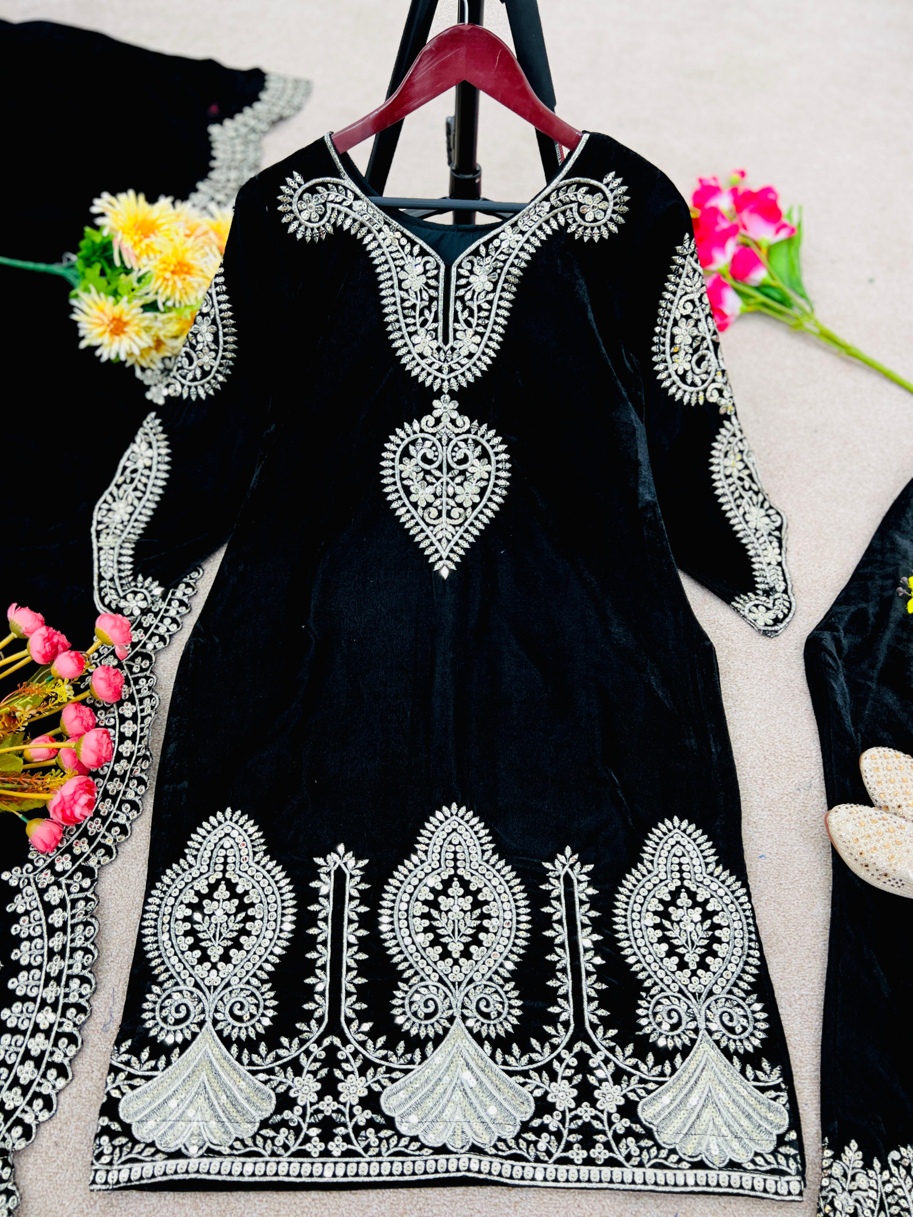 Opulent Black Color Embroidery Work Velvet Salwar Suit