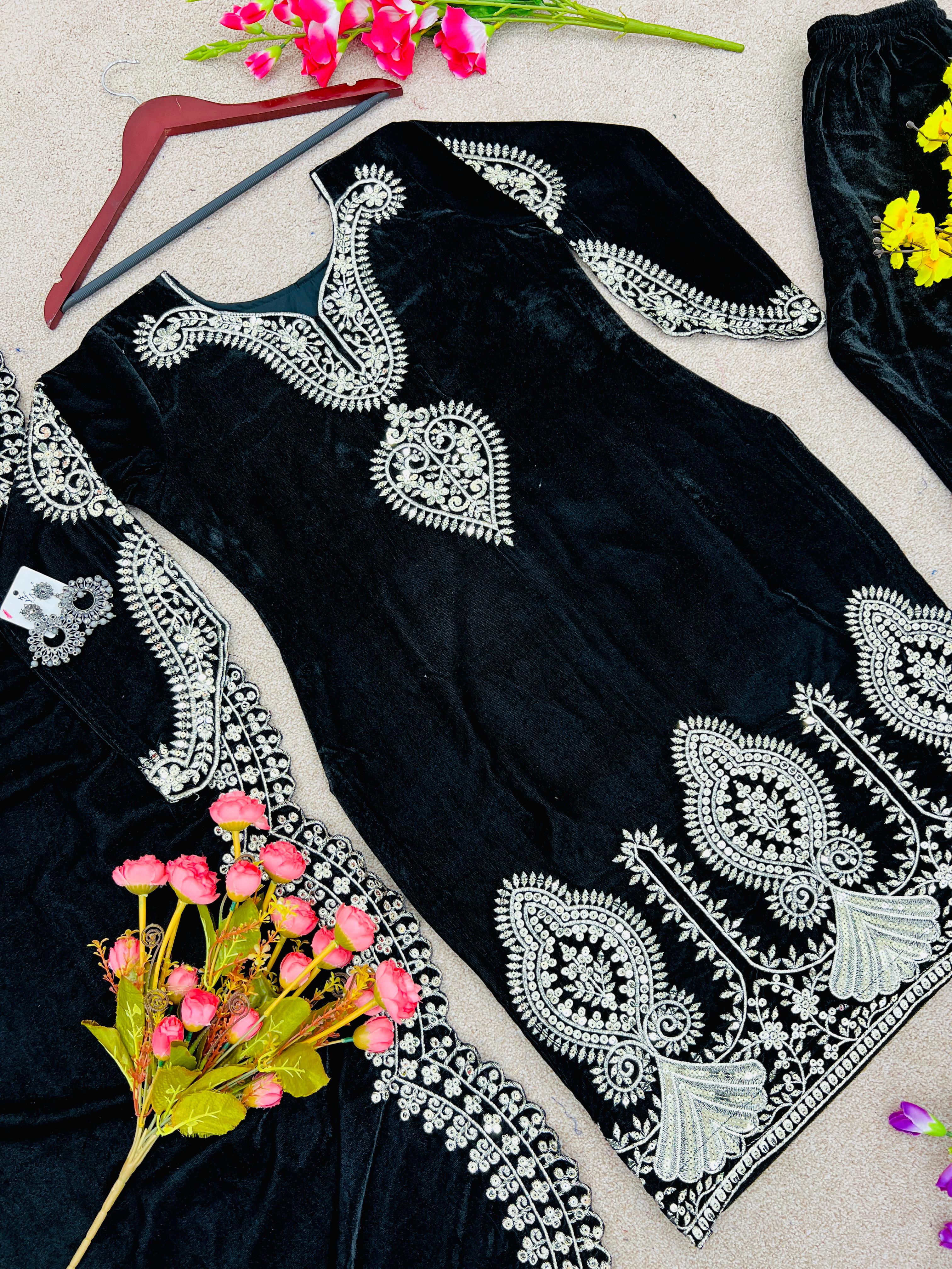 Opulent Black Color Embroidery Work Velvet Salwar Suit