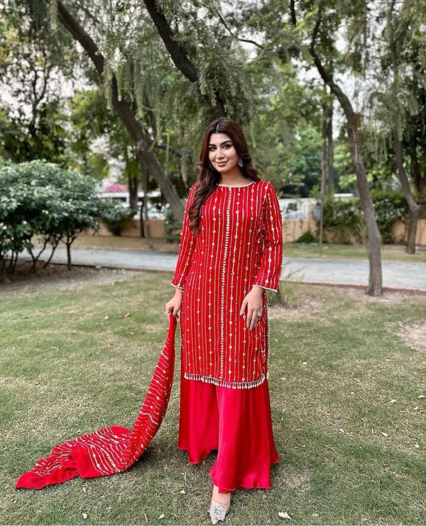 Pearl and Sequence Work Red Color Sharara Suit