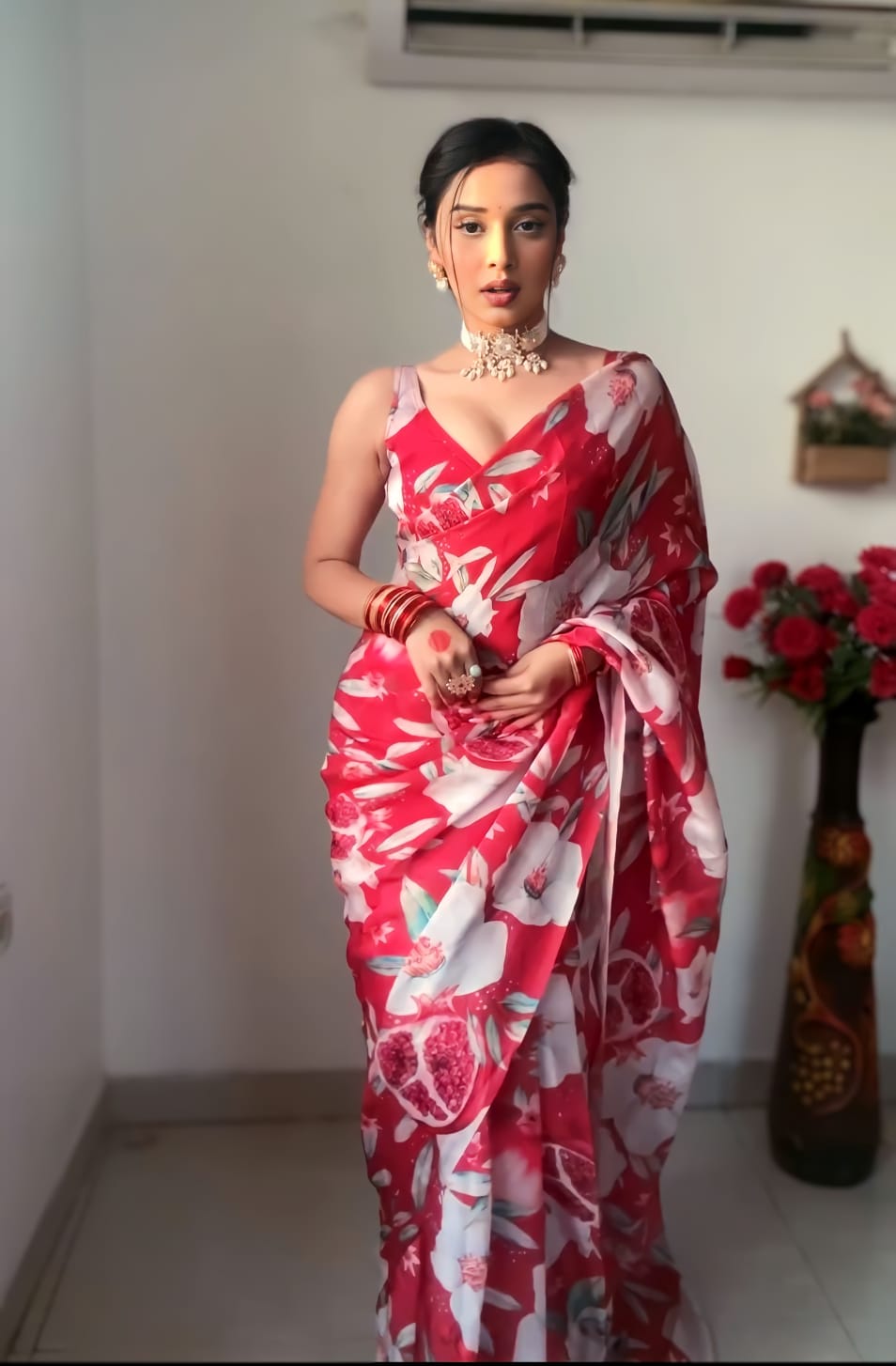 Red Color Ready To Wear Flower Print Saree