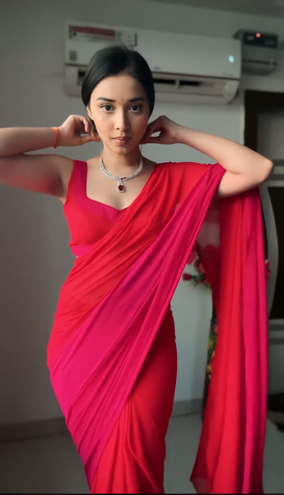 Lovely Red And Pink Ready To Wear Saree