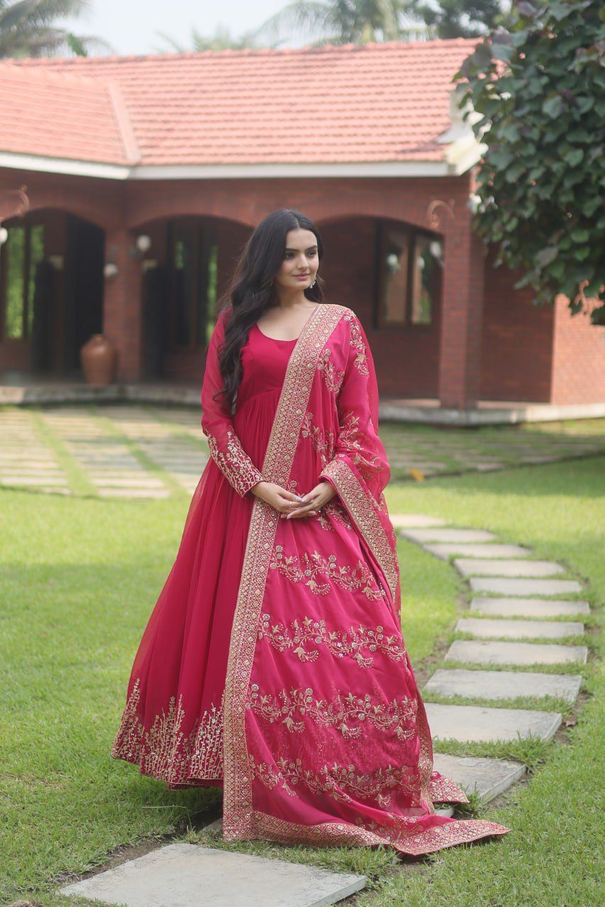 Superhit Pink Color Gown With Heavy Work Dupatta