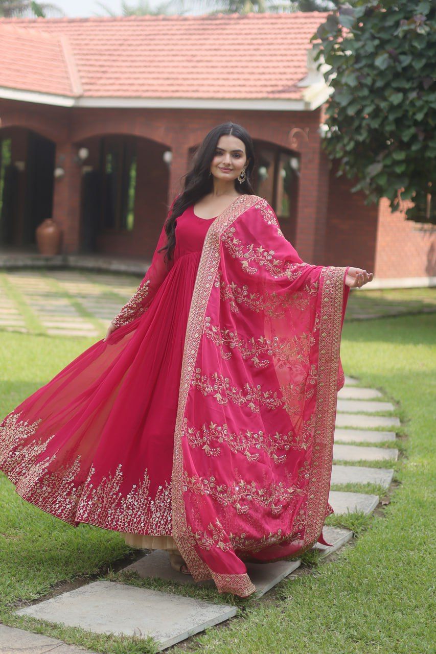 Superhit Pink Color Gown With Heavy Work Dupatta