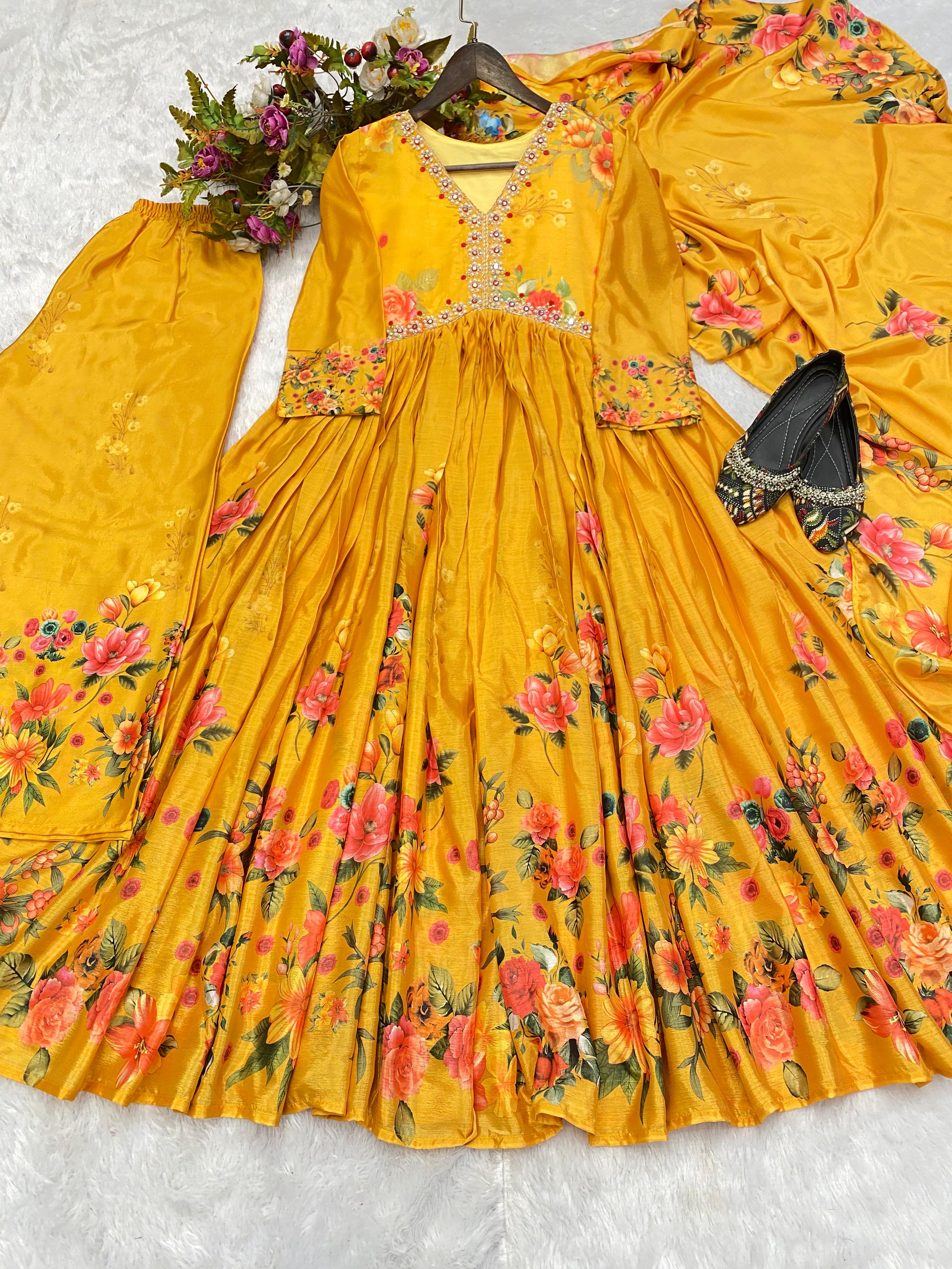 Terrific Print With Embroidery Work Mustard Palazzo Suit