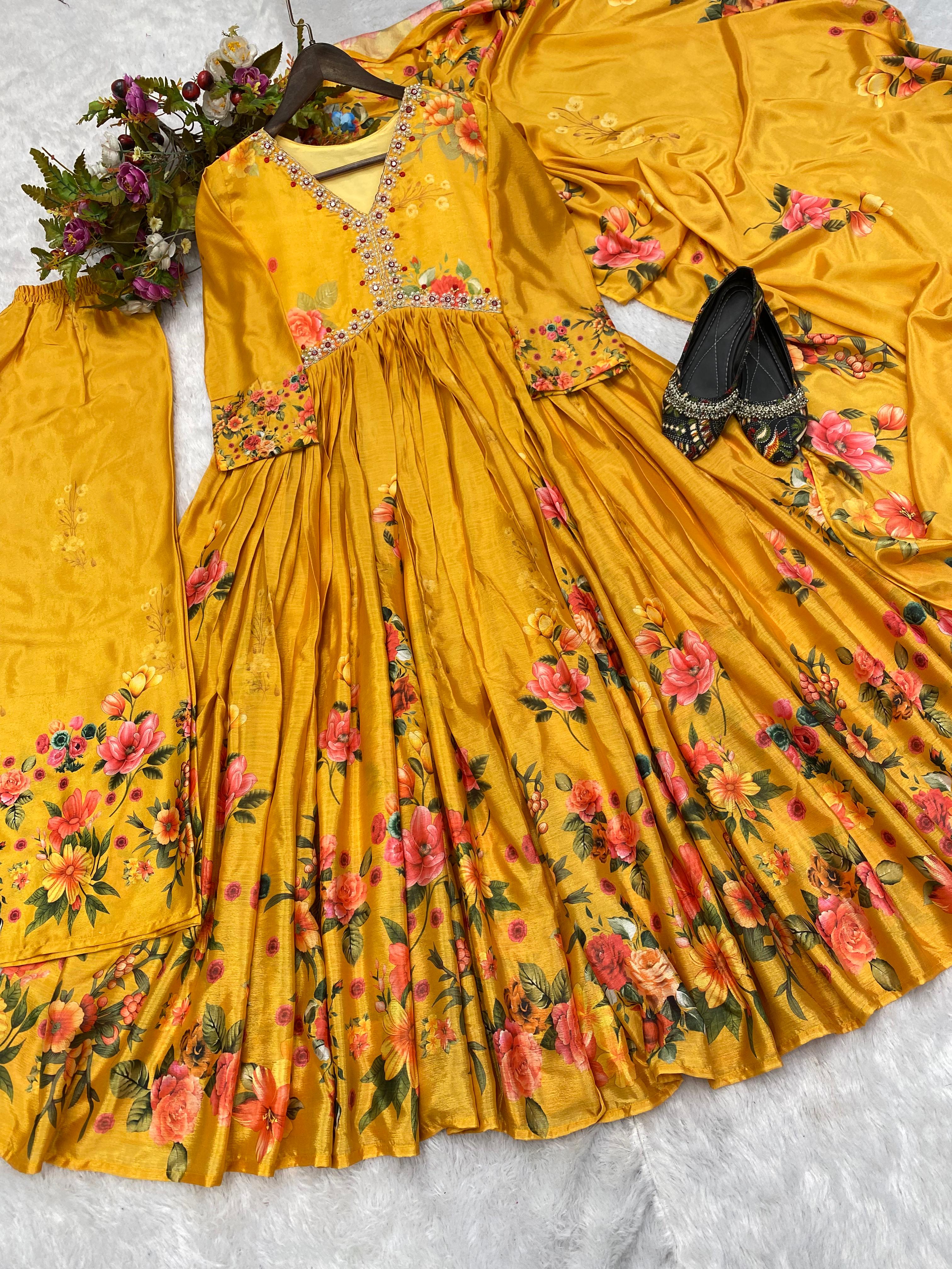 Terrific Print With Embroidery Work Mustard Palazzo Suit