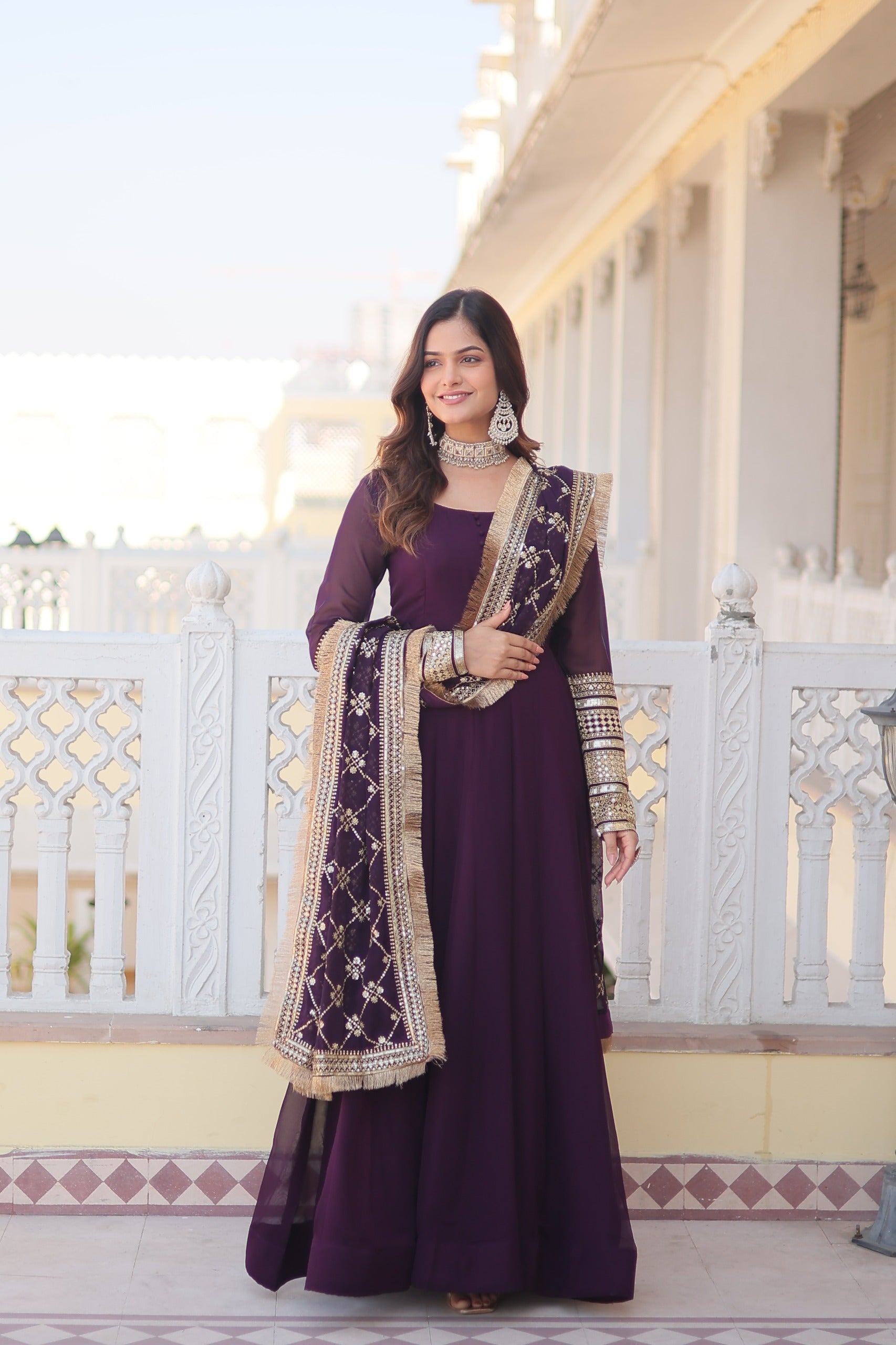 Beautiful Wine Color Gown With Heavy Dupatta