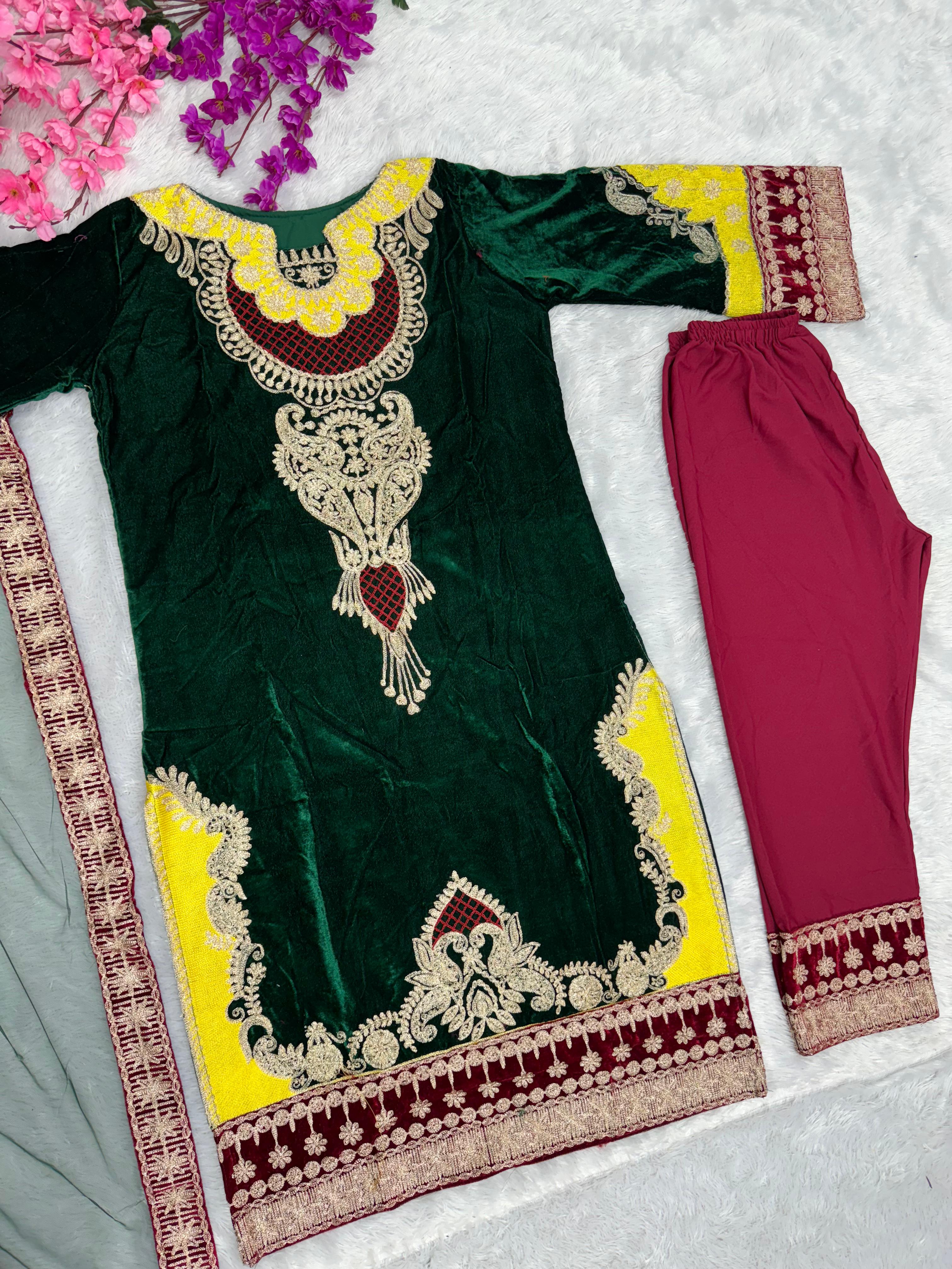 Chine  Stitched Work Green Color Velvet Pakistani Suit