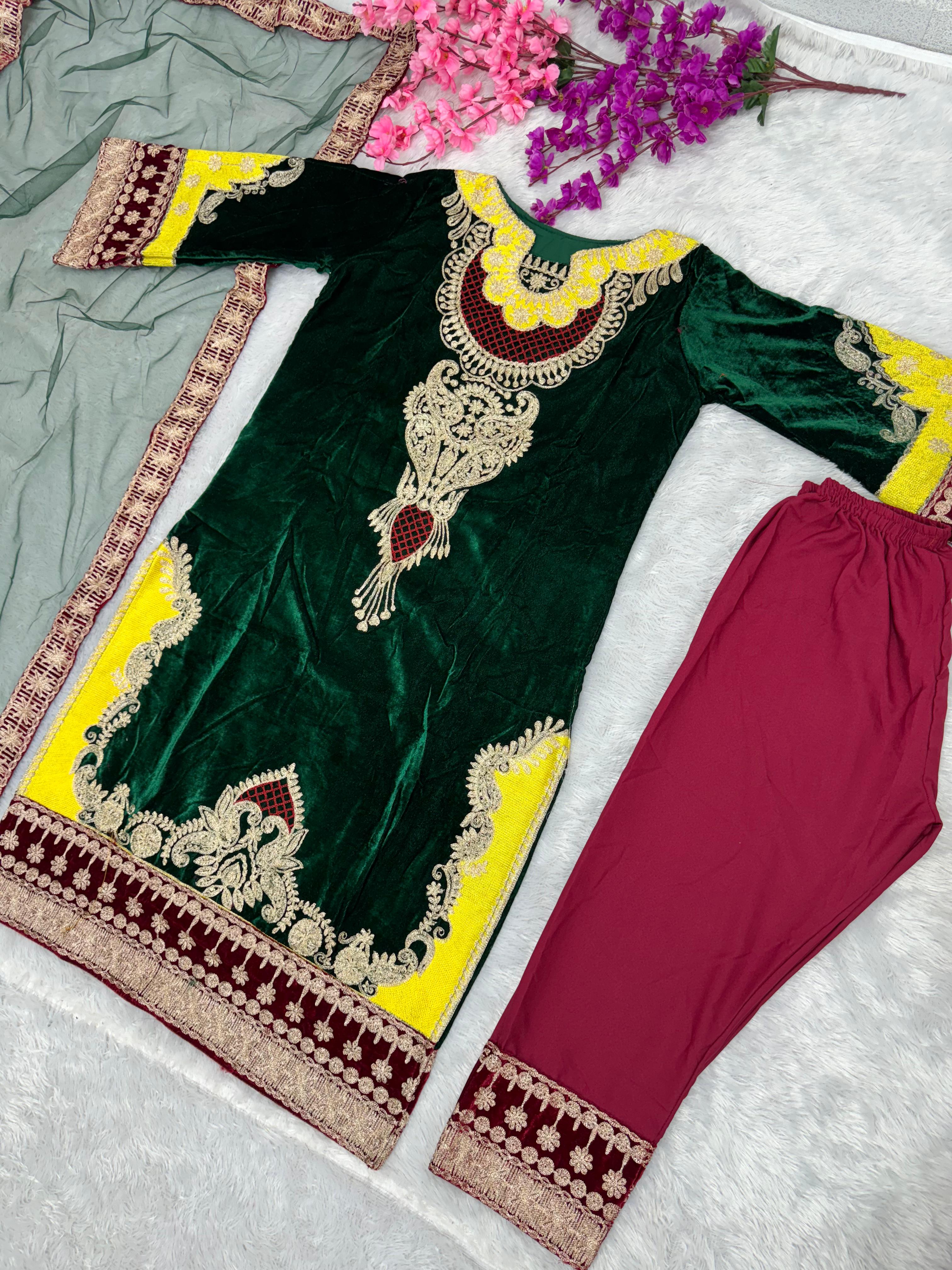 Chine  Stitched Work Green Color Velvet Pakistani Suit