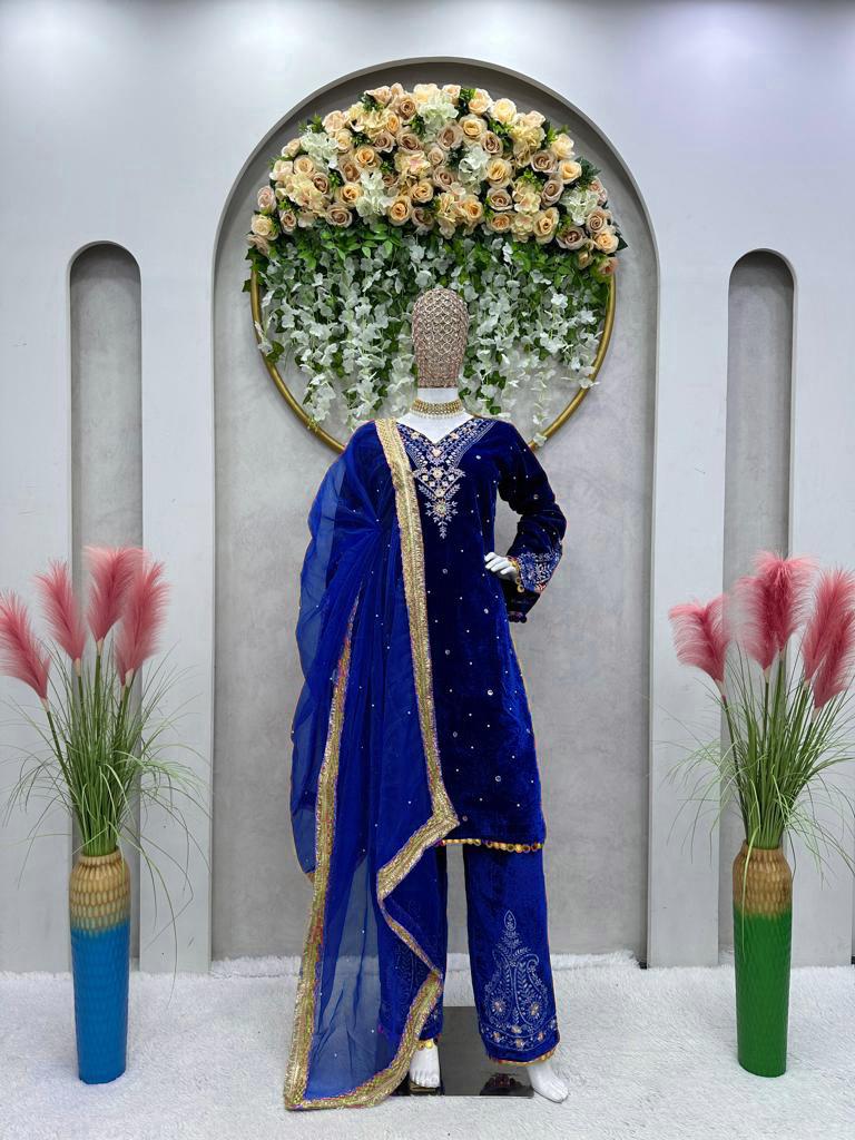 Outstanding Velvet Blue Color Palazzo Suit