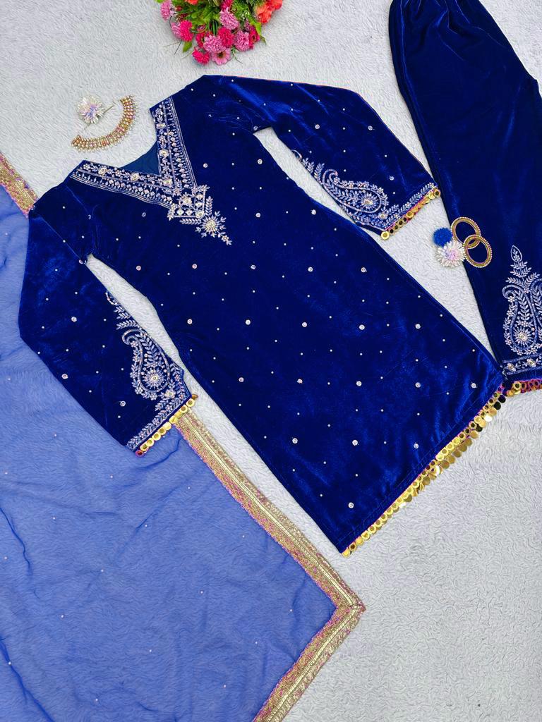 Outstanding Velvet Blue Color Palazzo Suit