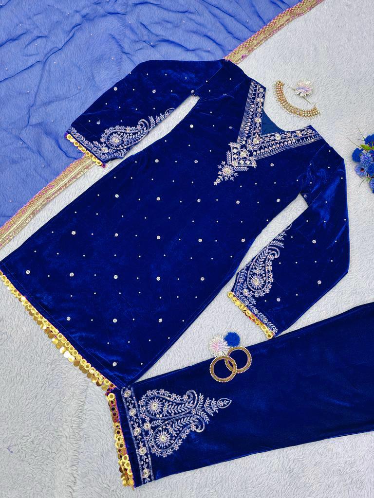 Outstanding Velvet Blue Color Palazzo Suit