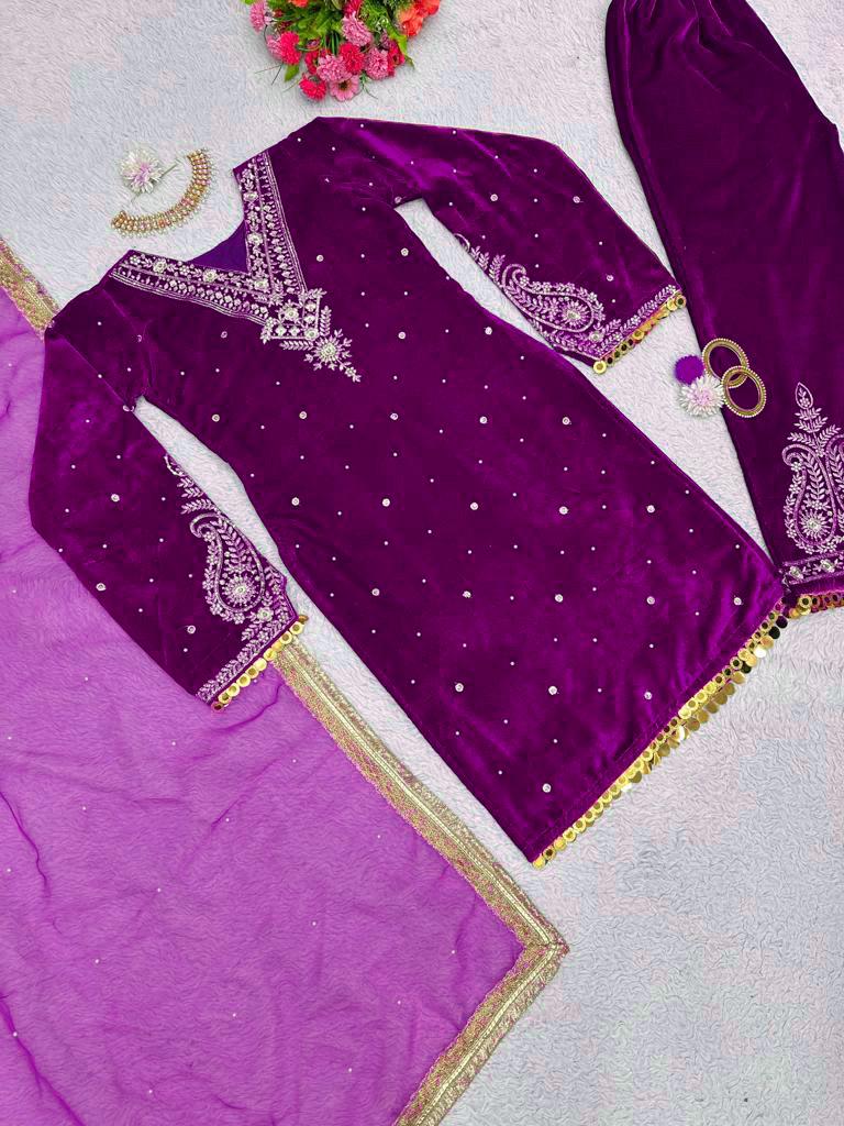 Outstanding Velvet Purple Color Palazzo Suit