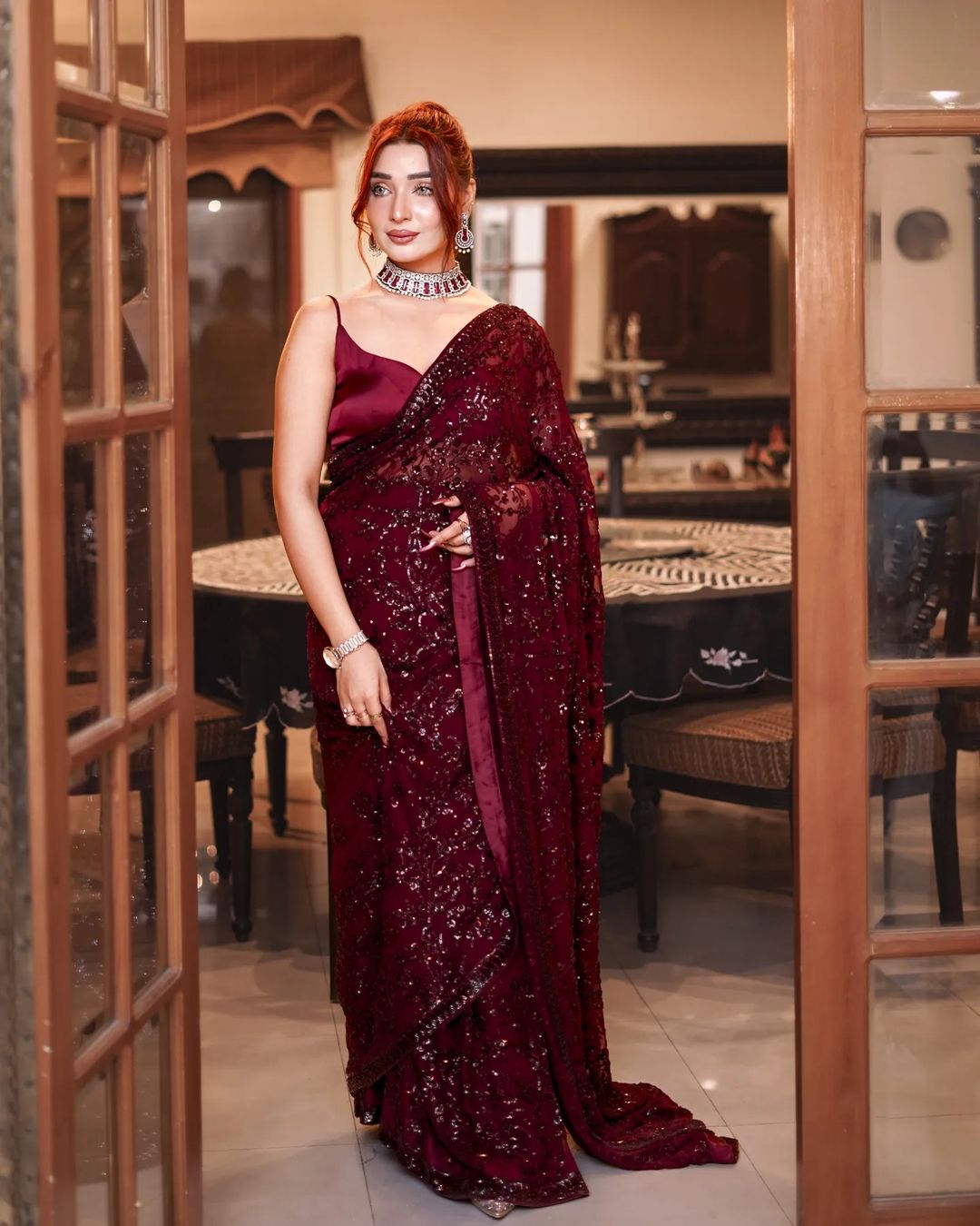 Glimmering Sequence Work Maroon Color Saree