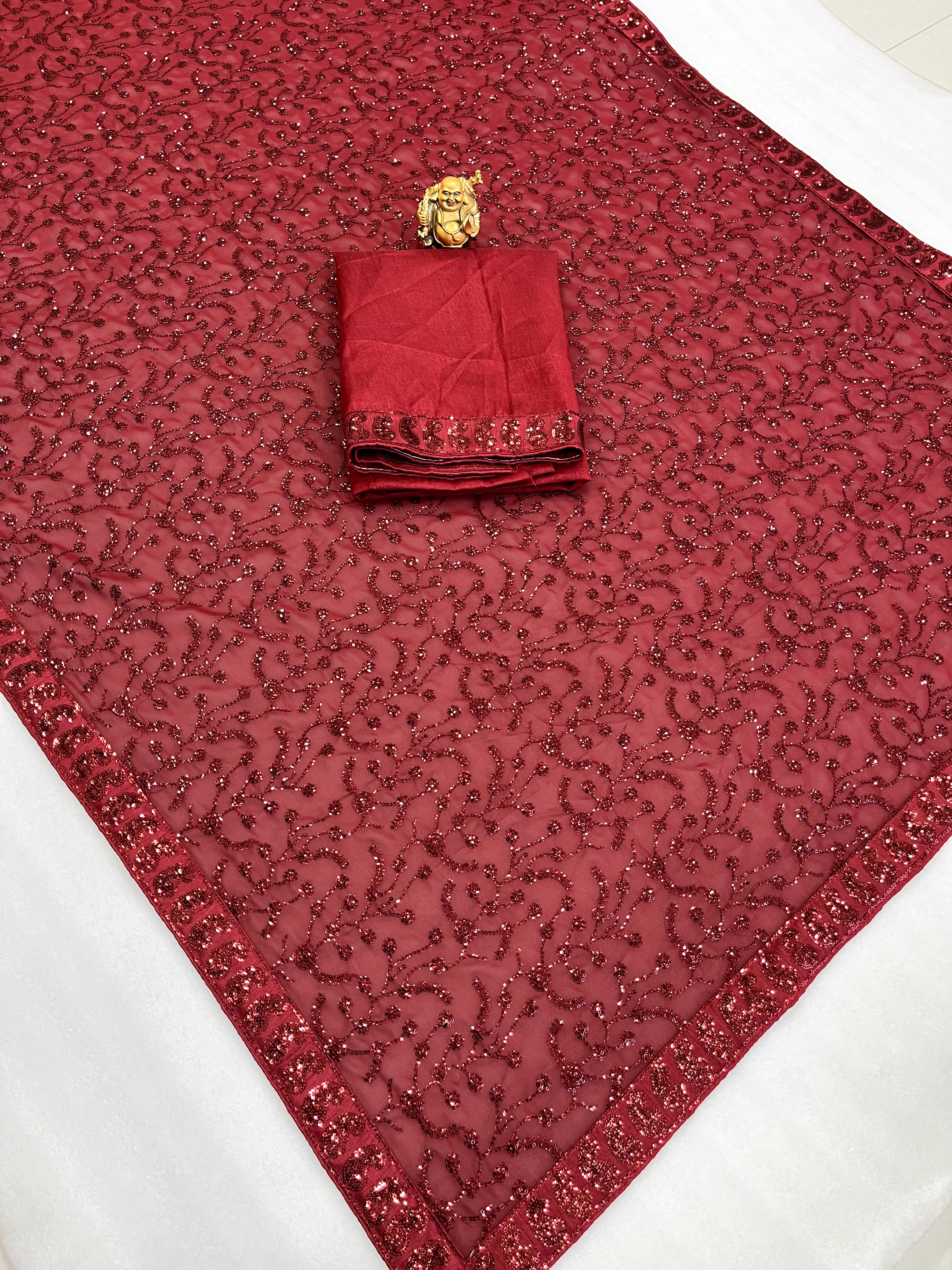 Glimmering Sequence Work Maroon Color Saree