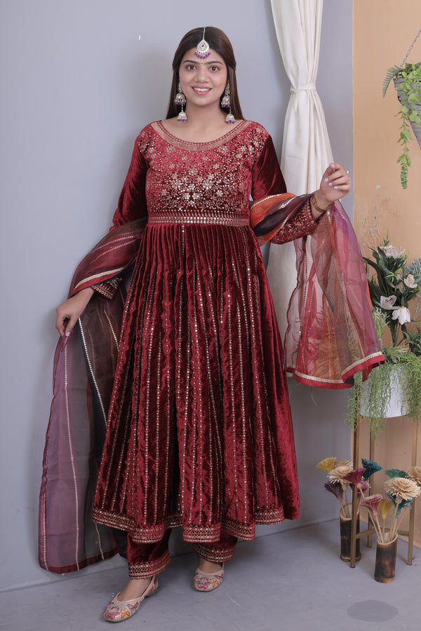 Fantastic Maroon Color Velvet Suit With Multi Color Dupatta