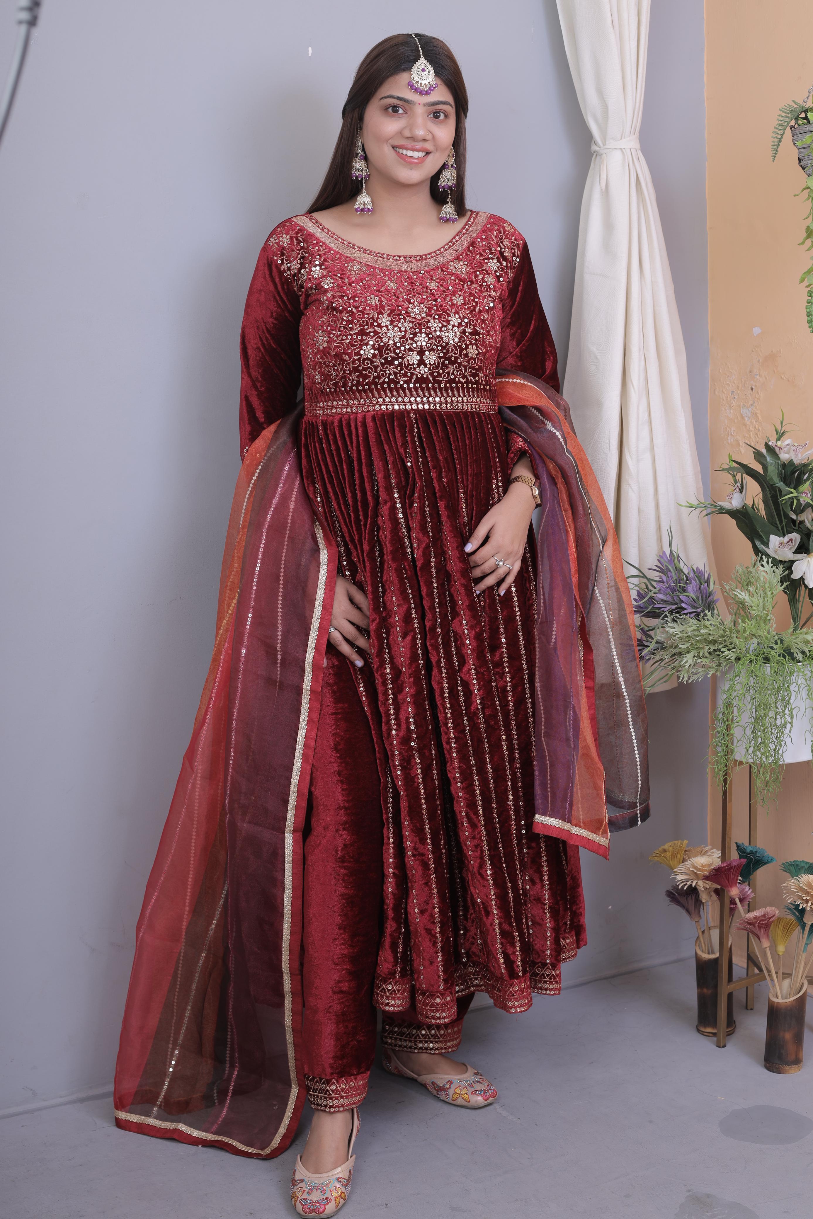 Fantastic Maroon Color Velvet Suit With Multi Color Dupatta