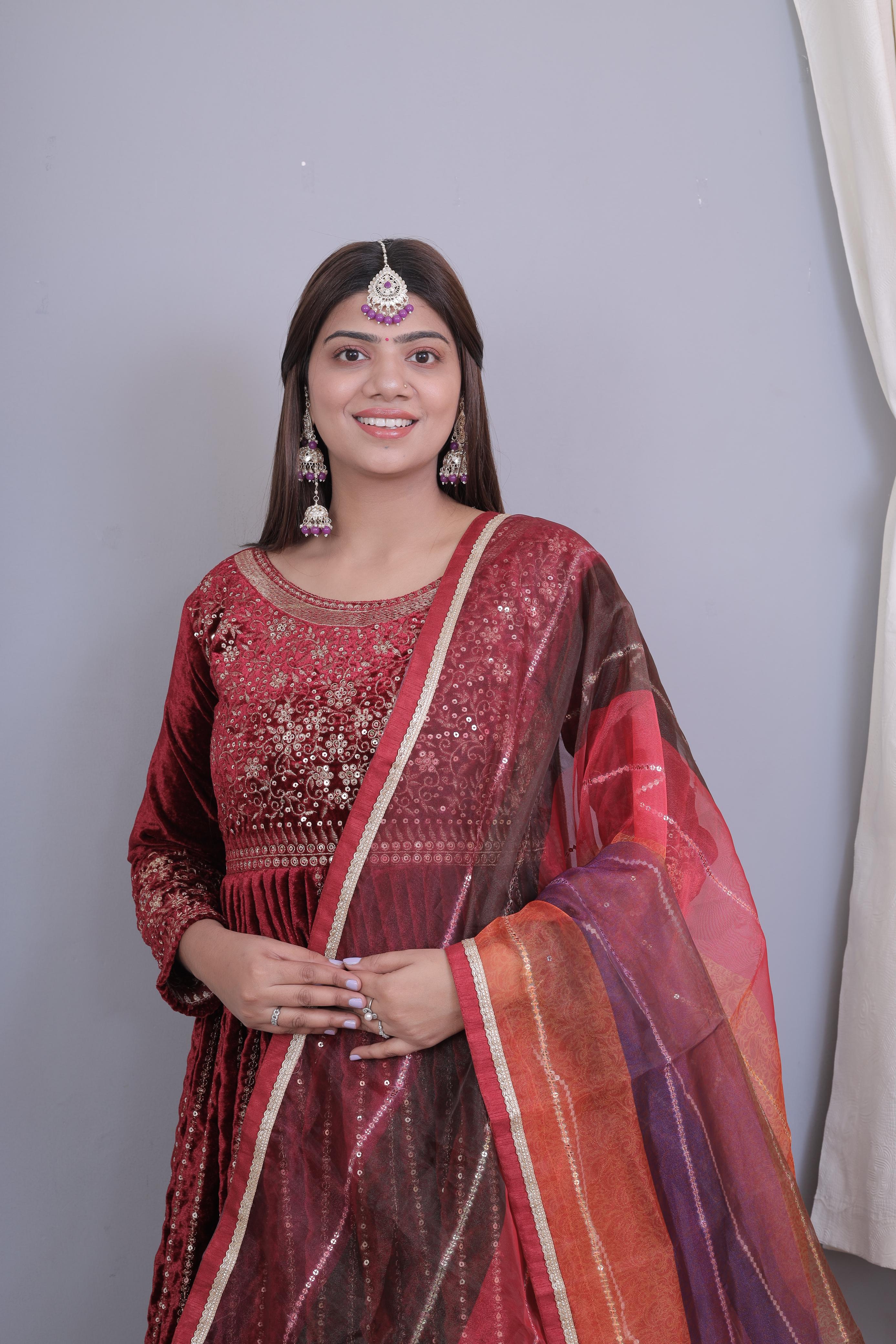 Fantastic Maroon Color Velvet Suit With Multi Color Dupatta