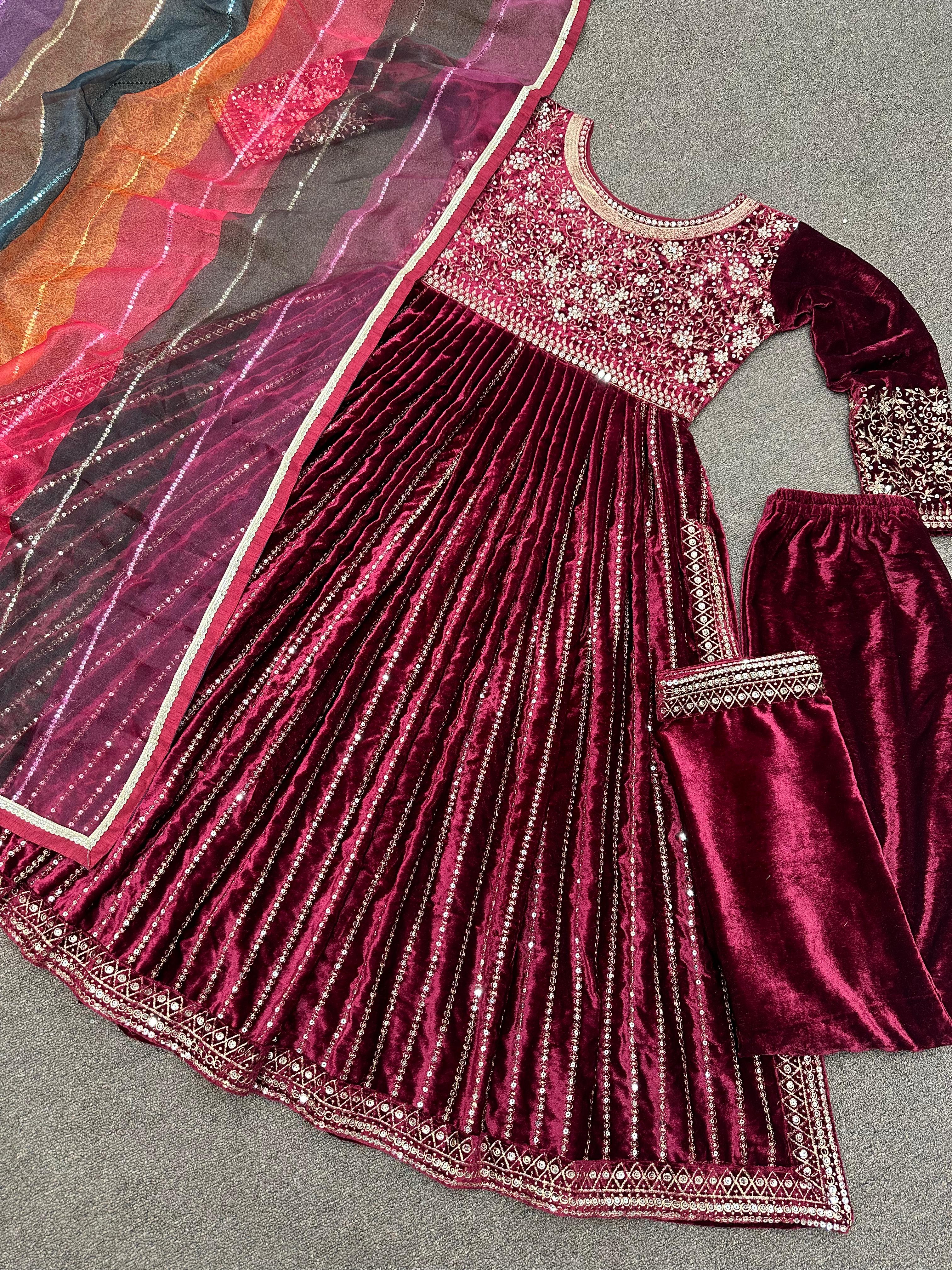 Fantastic Maroon Color Velvet Suit With Multi Color Dupatta