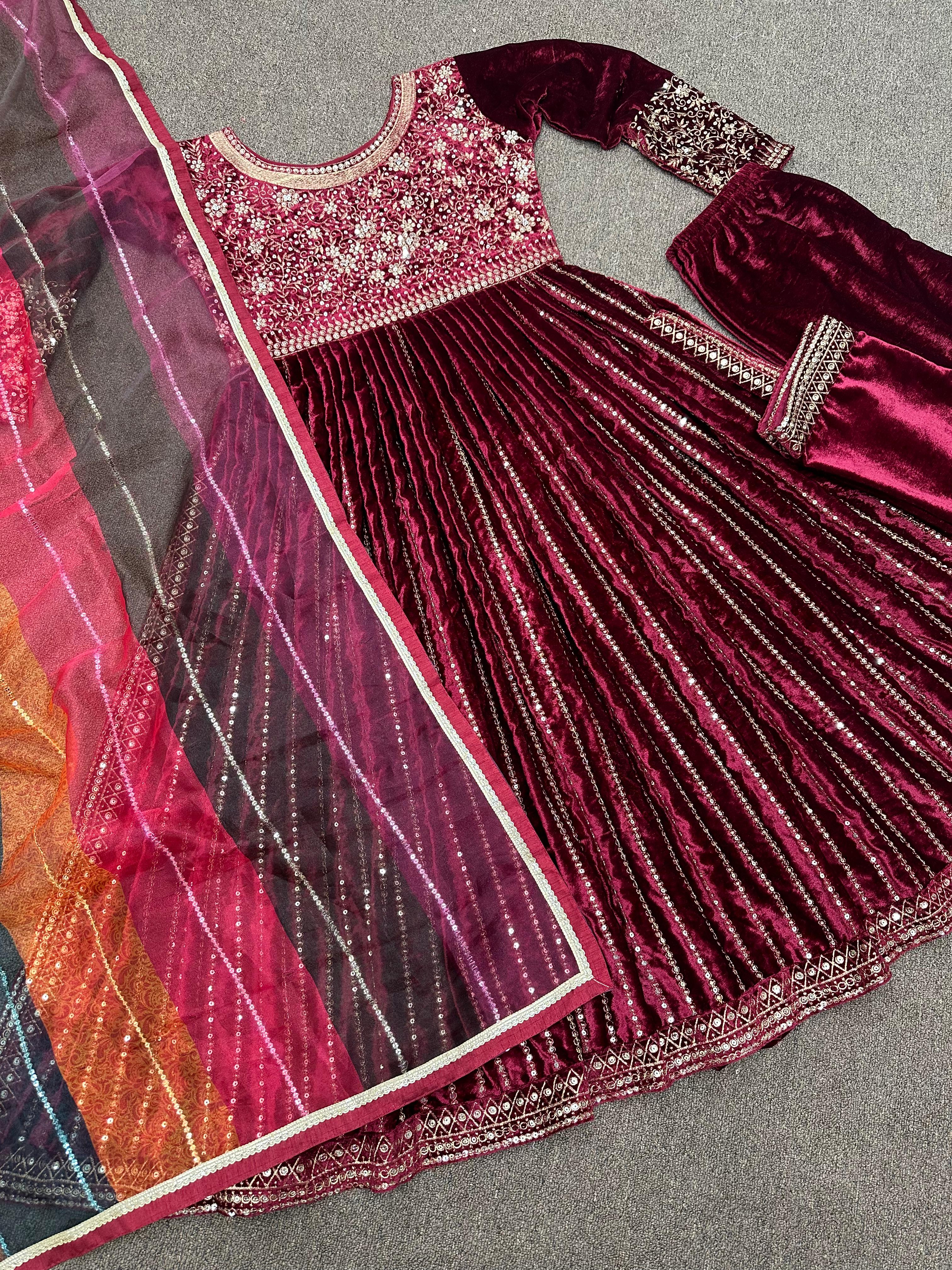 Fantastic Maroon Color Velvet Suit With Multi Color Dupatta