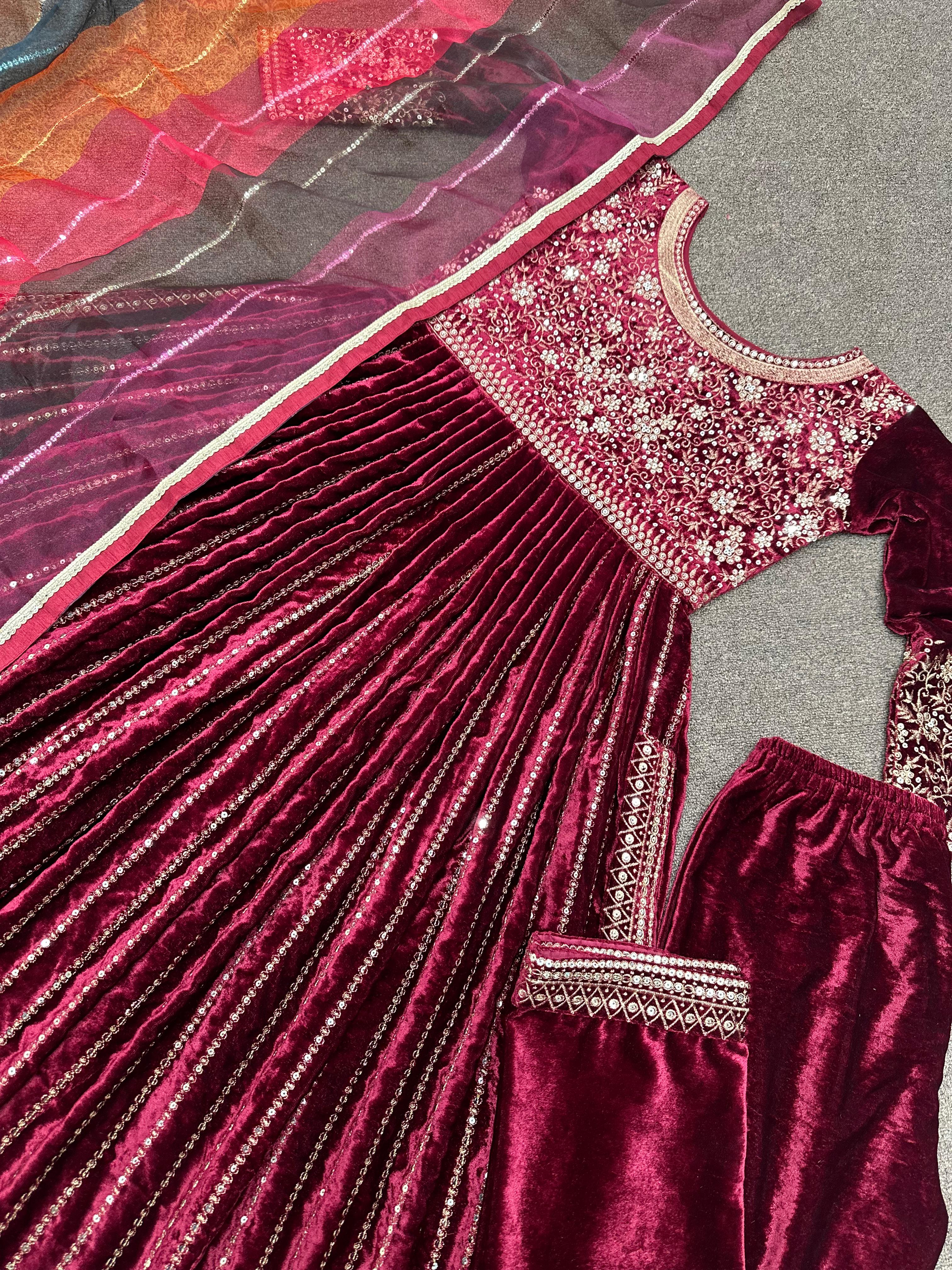 Fantastic Maroon Color Velvet Suit With Multi Color Dupatta