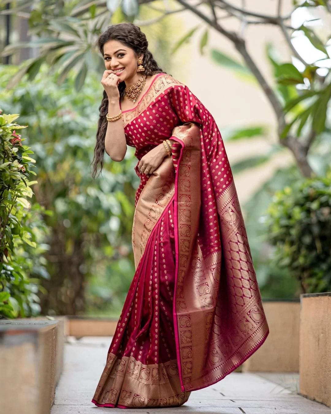 Wedding Wear Maroon Color Golden Design Saree