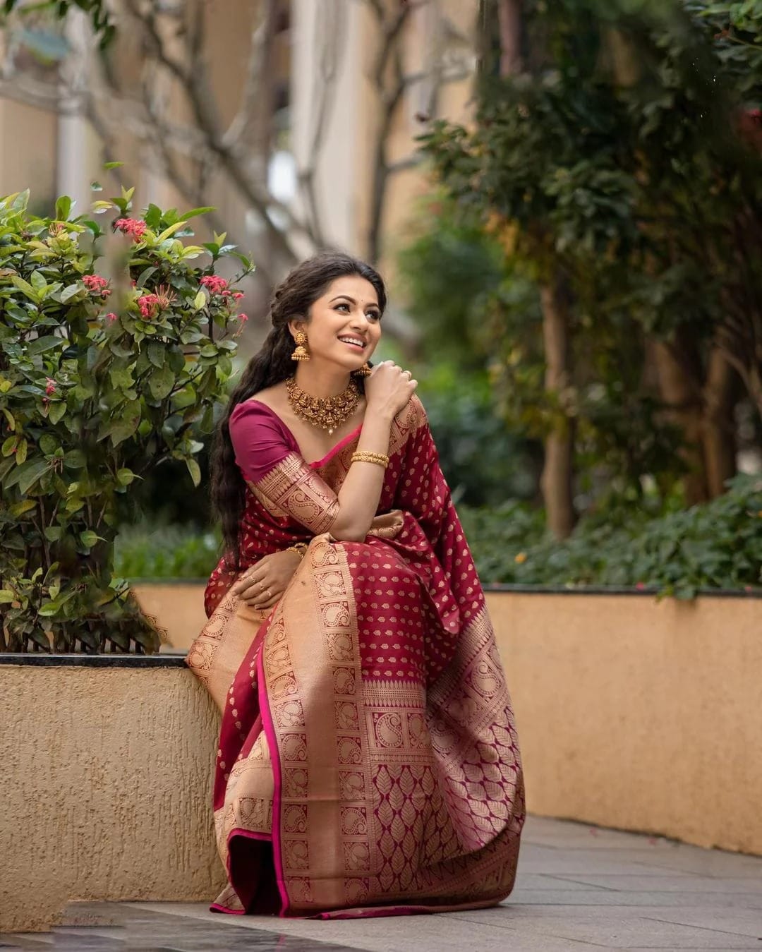 Wedding Wear Maroon Color Golden Design Saree