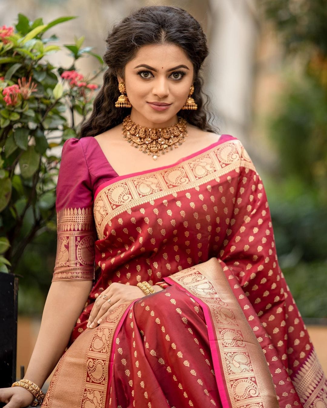 Wedding Wear Maroon Color Golden Design Saree