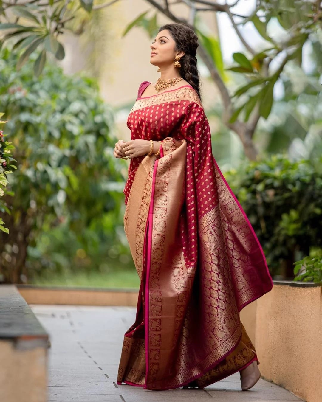 Wedding Wear Maroon Color Golden Design Saree