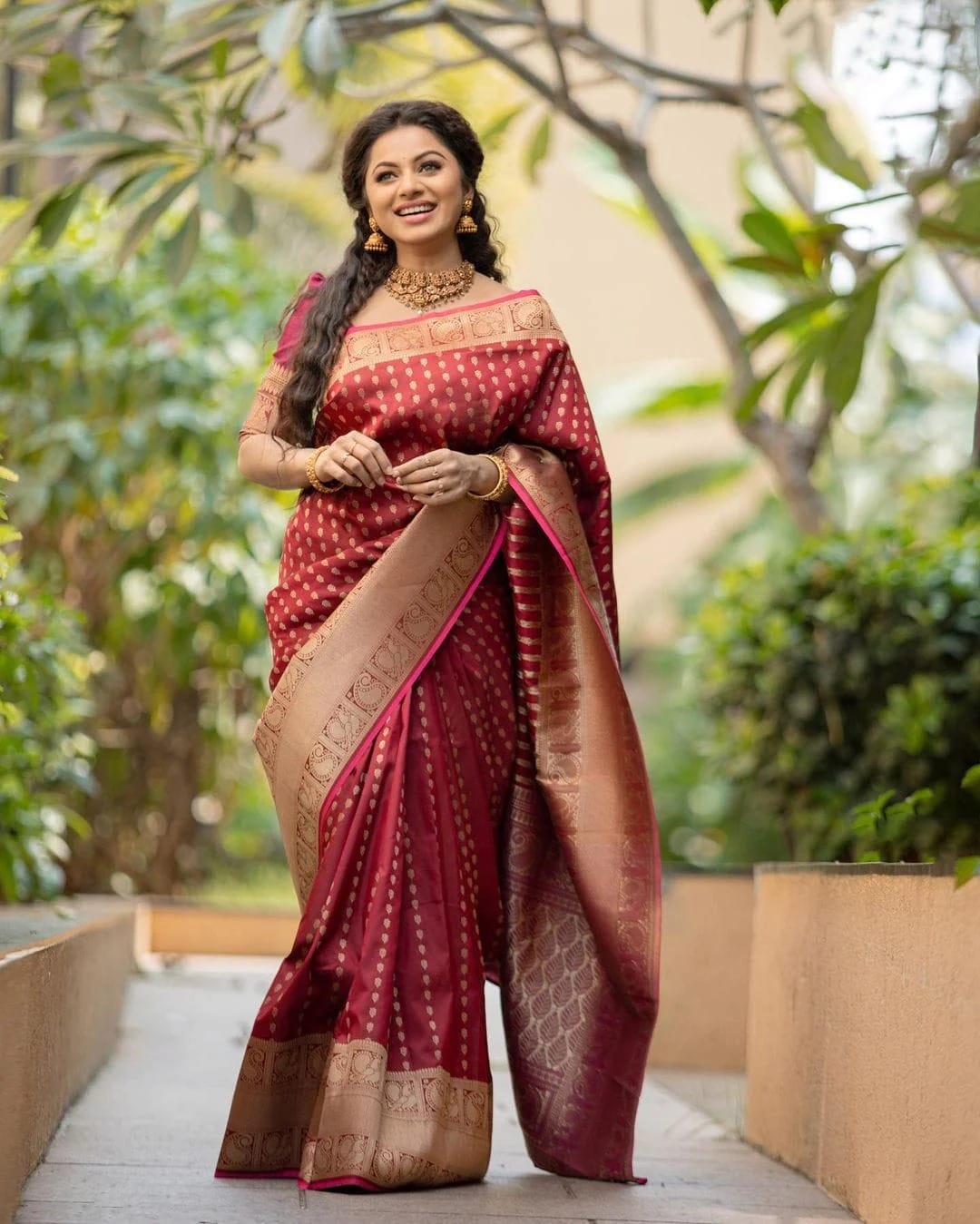 Wedding Wear Maroon Color Golden Design Saree