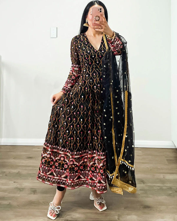 Terrific Black Color Thread Sequence Work Gown