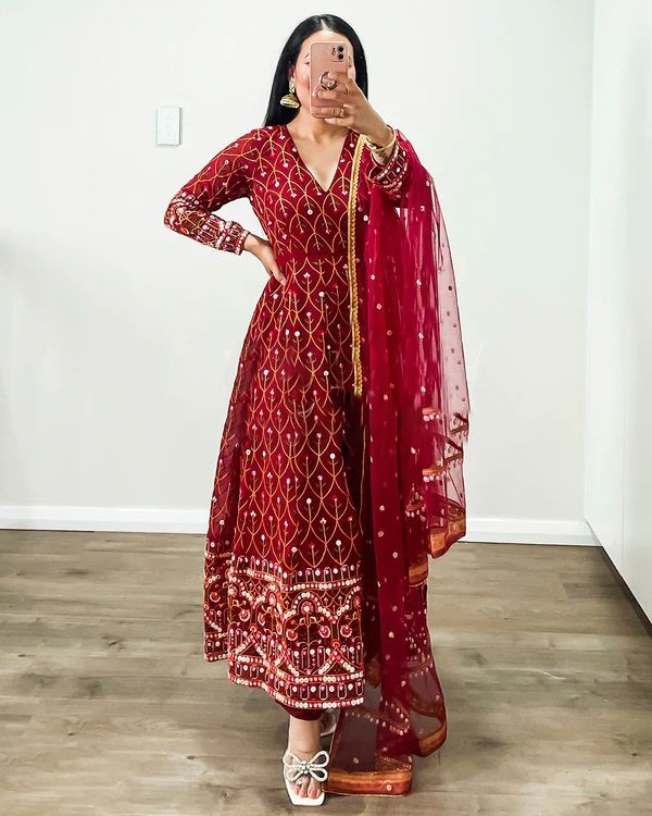 Terrific Red Color Thread Sequence Work Gown