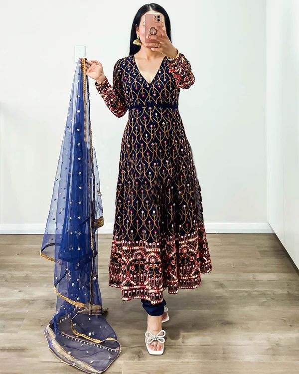 Terrific Blue Color Thread Sequence Work Gown
