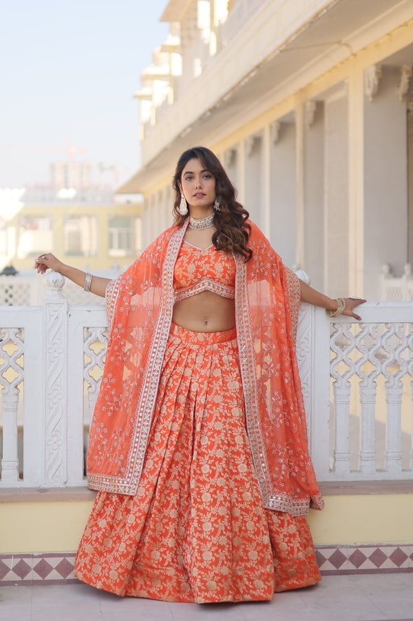 Occasion Wear Jacquard Orange Color Lehenga Choli