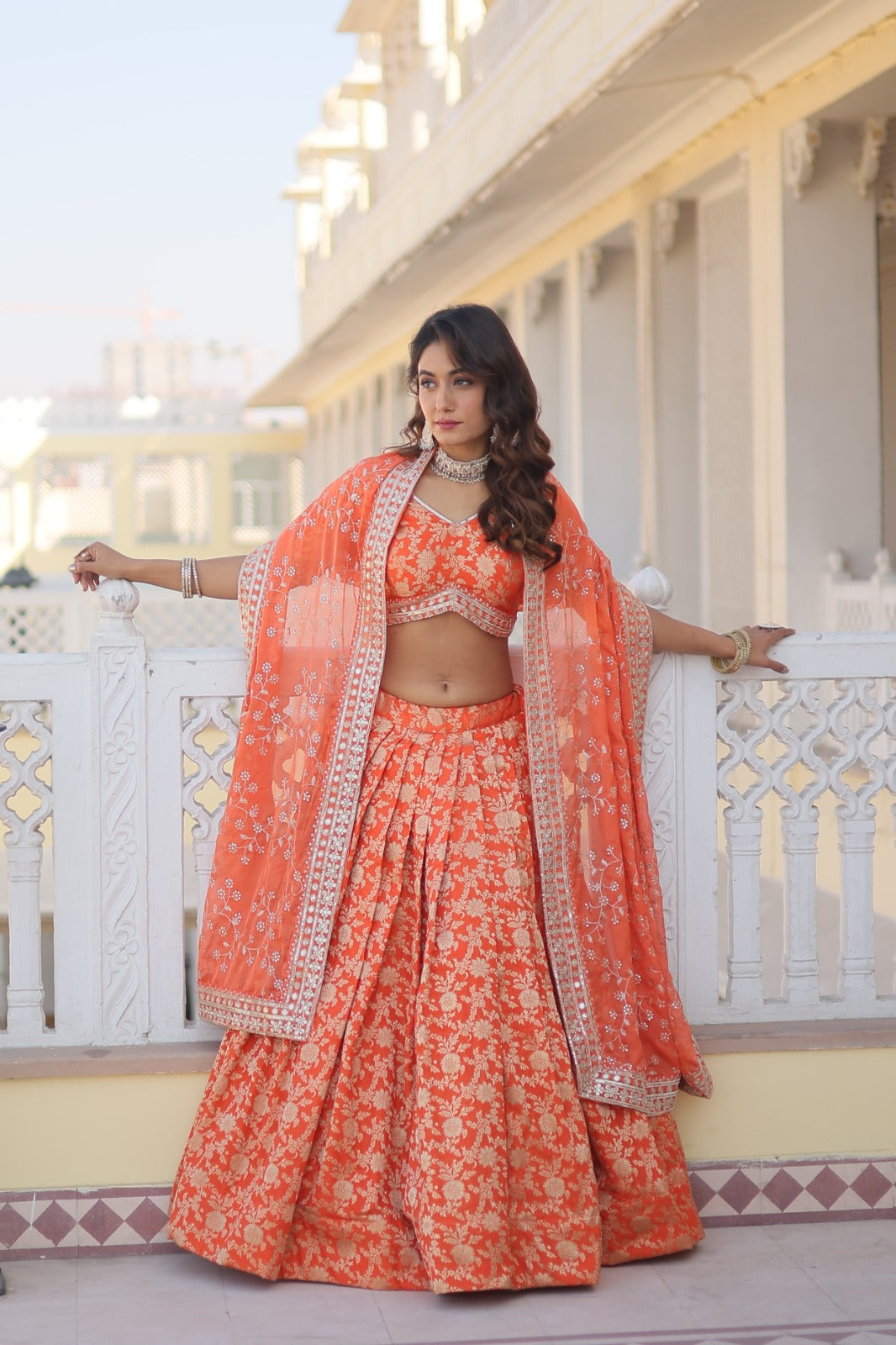 Occasion Wear Jacquard Orange Color Lehenga Choli