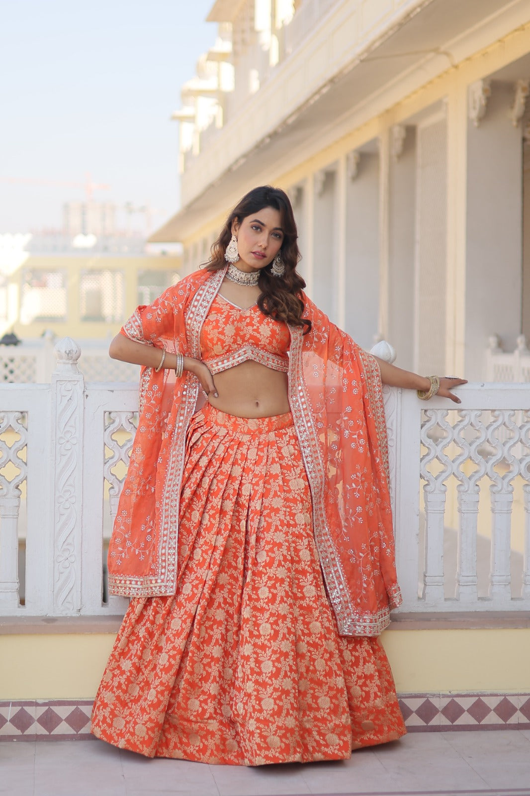 Occasion Wear Jacquard Orange Color Lehenga Choli