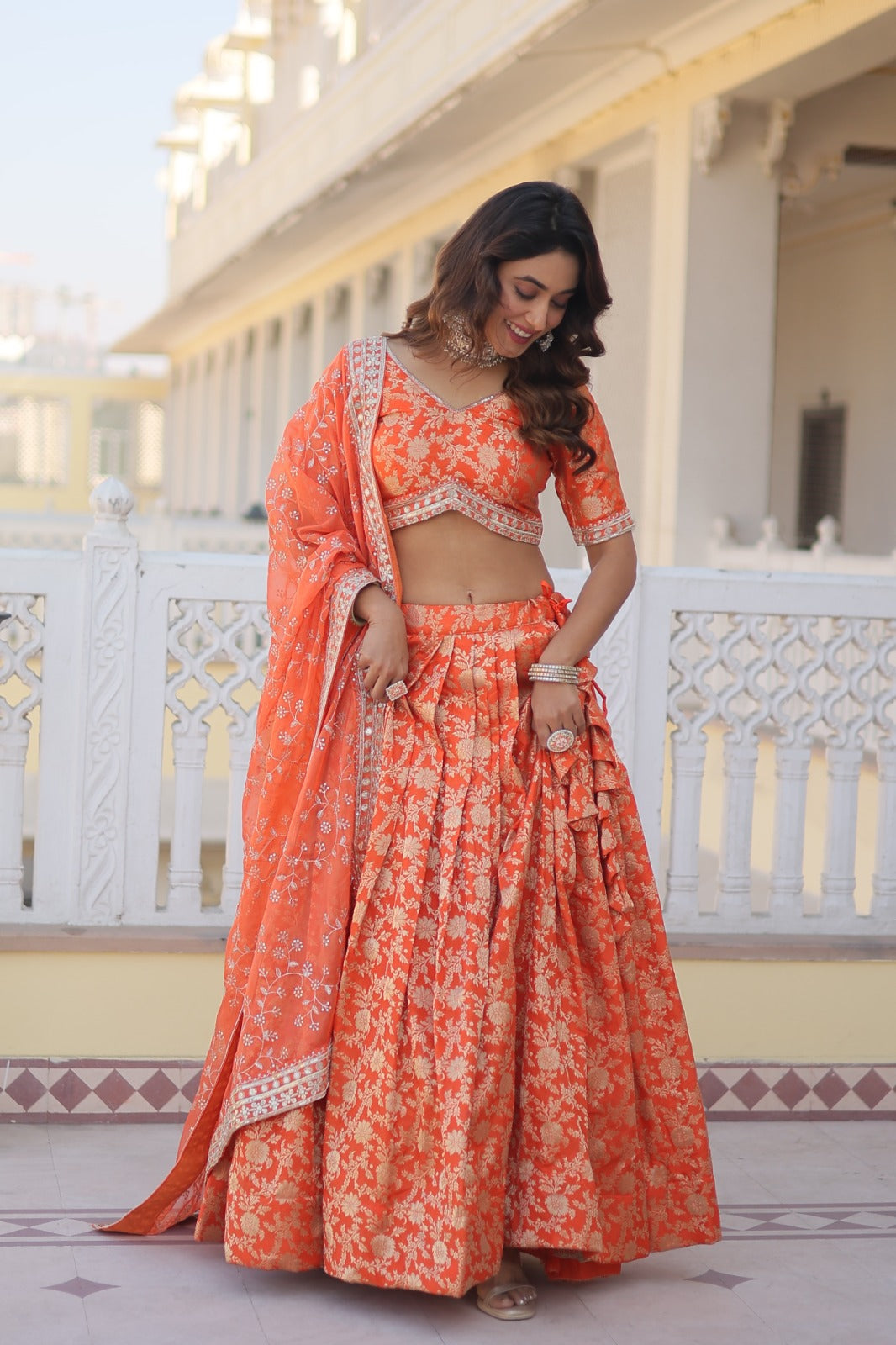 Occasion Wear Jacquard Orange Color Lehenga Choli