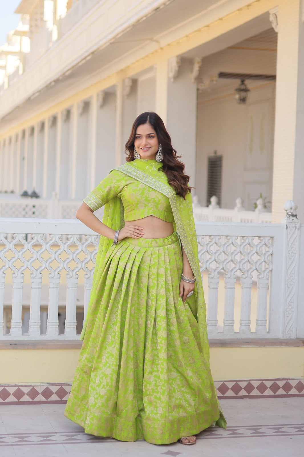 Occasion Wear Jacquard Parrot Green Color Lehenga Choli