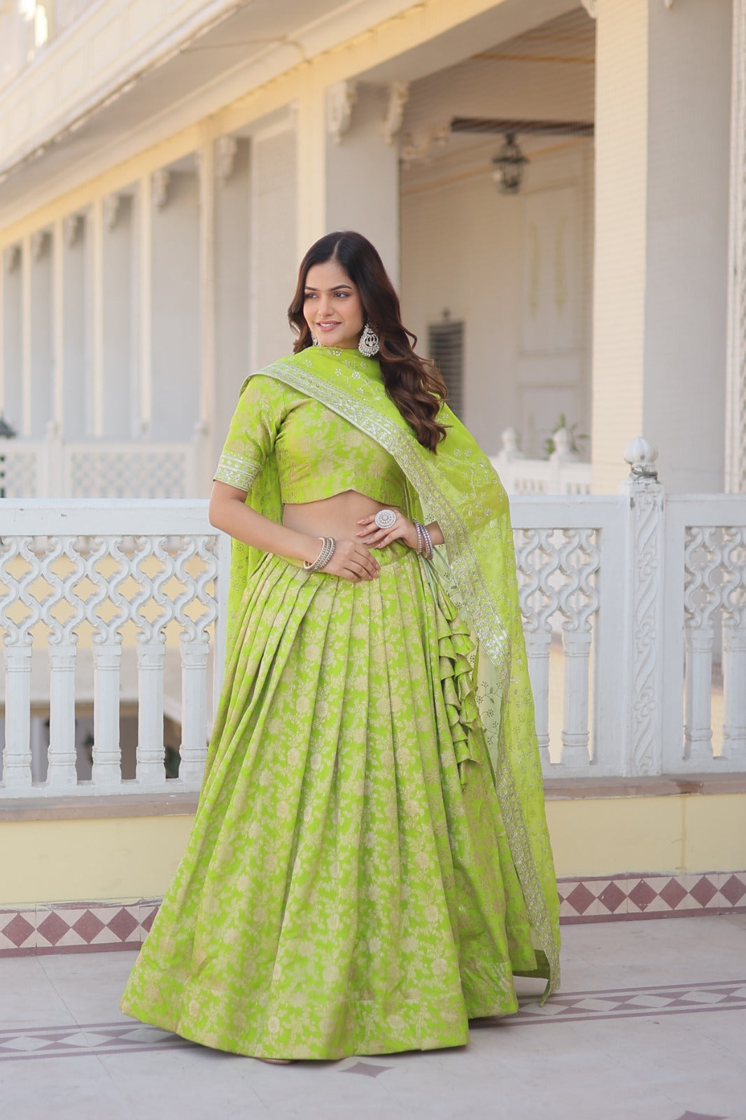 Occasion Wear Jacquard Parrot Green Color Lehenga Choli