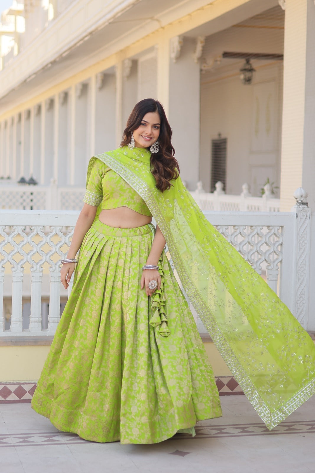 Occasion Wear Jacquard Parrot Green Color Lehenga Choli