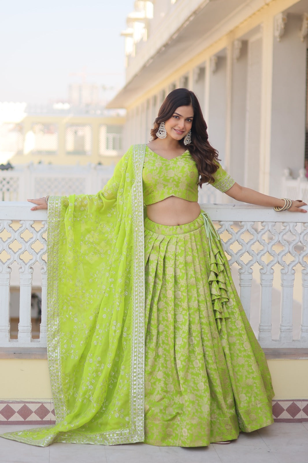 Occasion Wear Jacquard Parrot Green Color Lehenga Choli