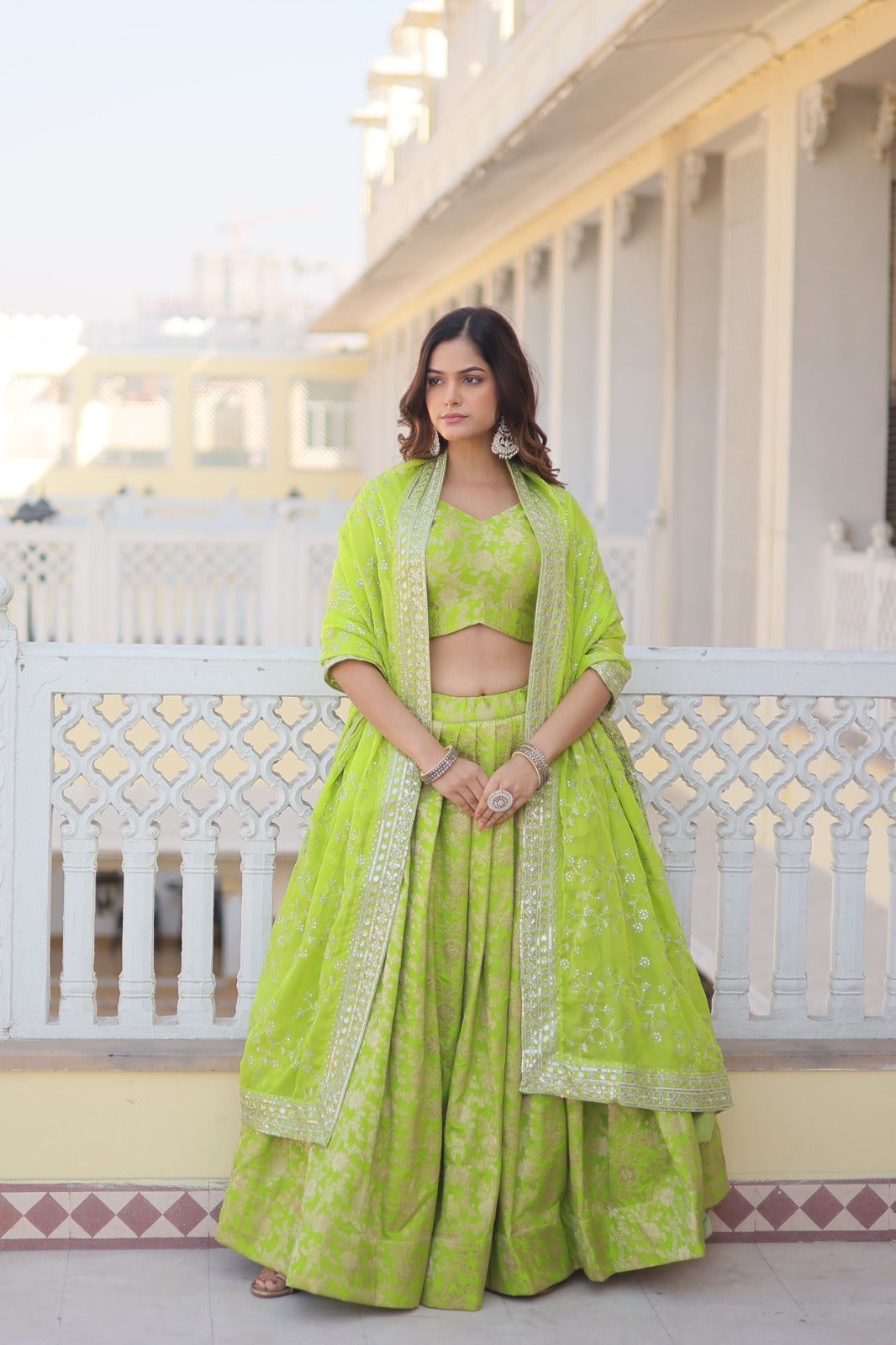 Occasion Wear Jacquard Parrot Green Color Lehenga Choli