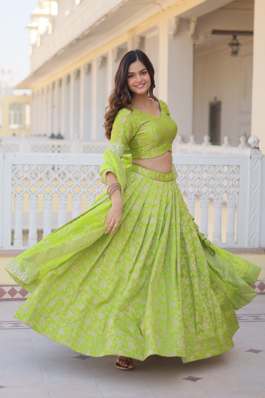 Occasion Wear Jacquard Parrot Green Color Lehenga Choli